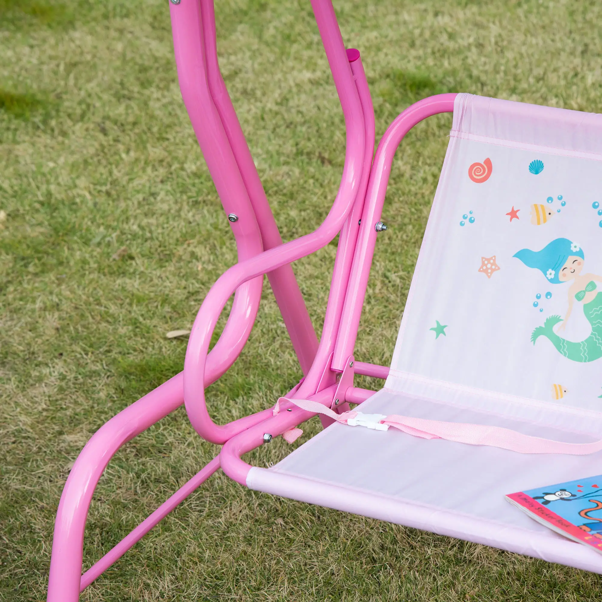 2-Seat Kids Porch Swing, Outdoor Chair with Canopy, Seat Belt, Mermaid, Pink - Image 9