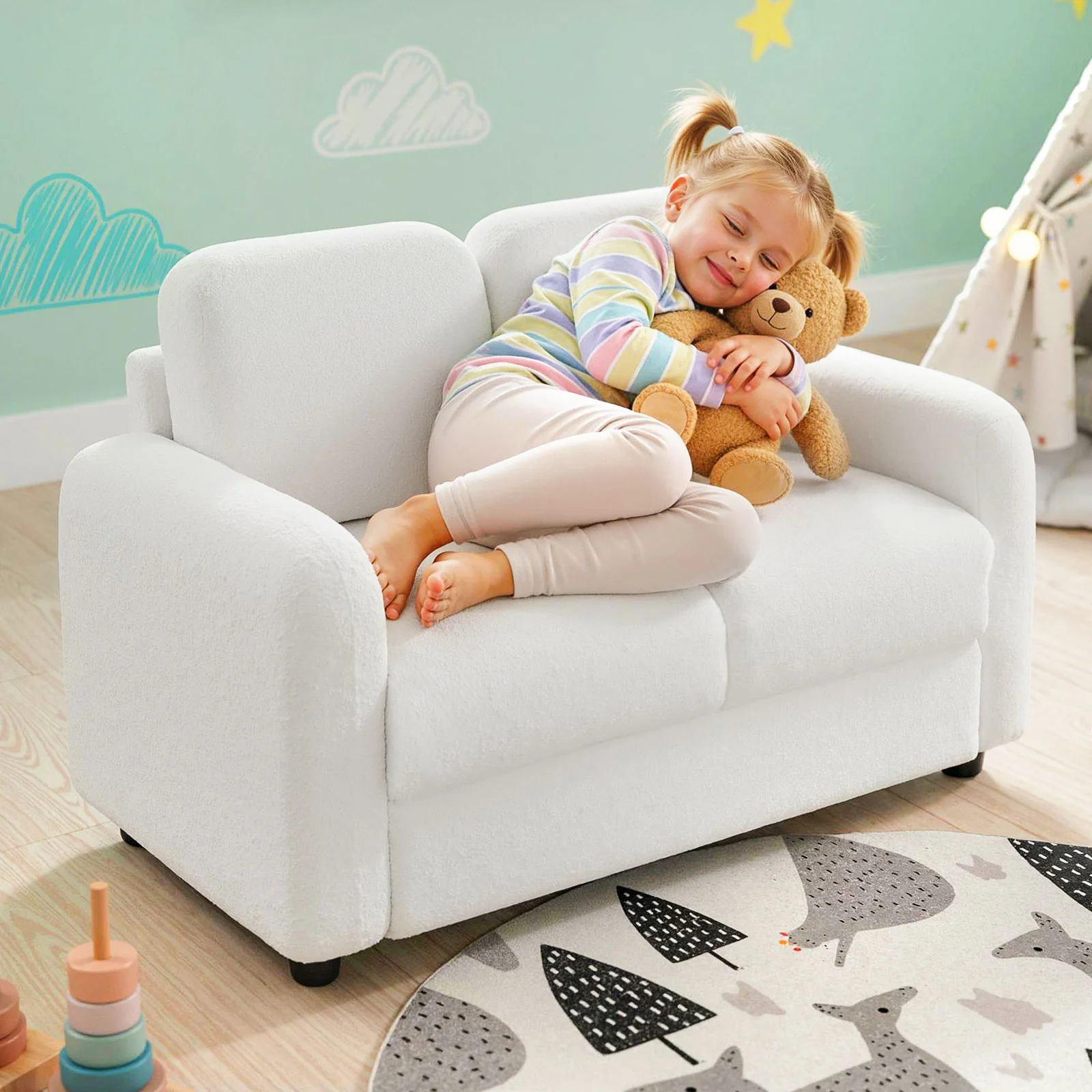 2-Seat Kids Sofa, Soft Teddy Fleece Upholstery, Solid Wooden Frame, White - Image 2