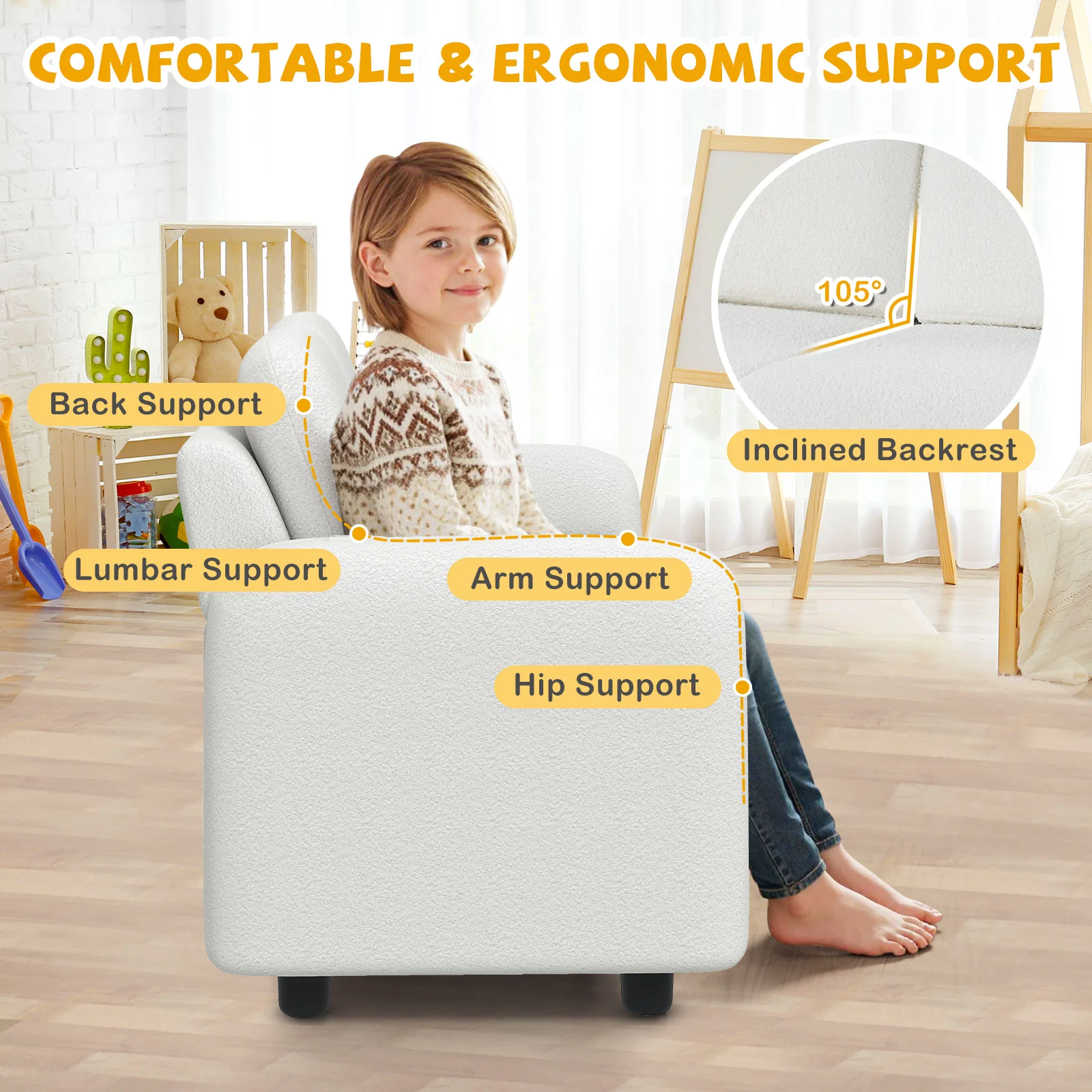 2-Seat Kids Sofa, Soft Teddy Fleece Upholstery, Solid Wooden Frame, White - Image 9