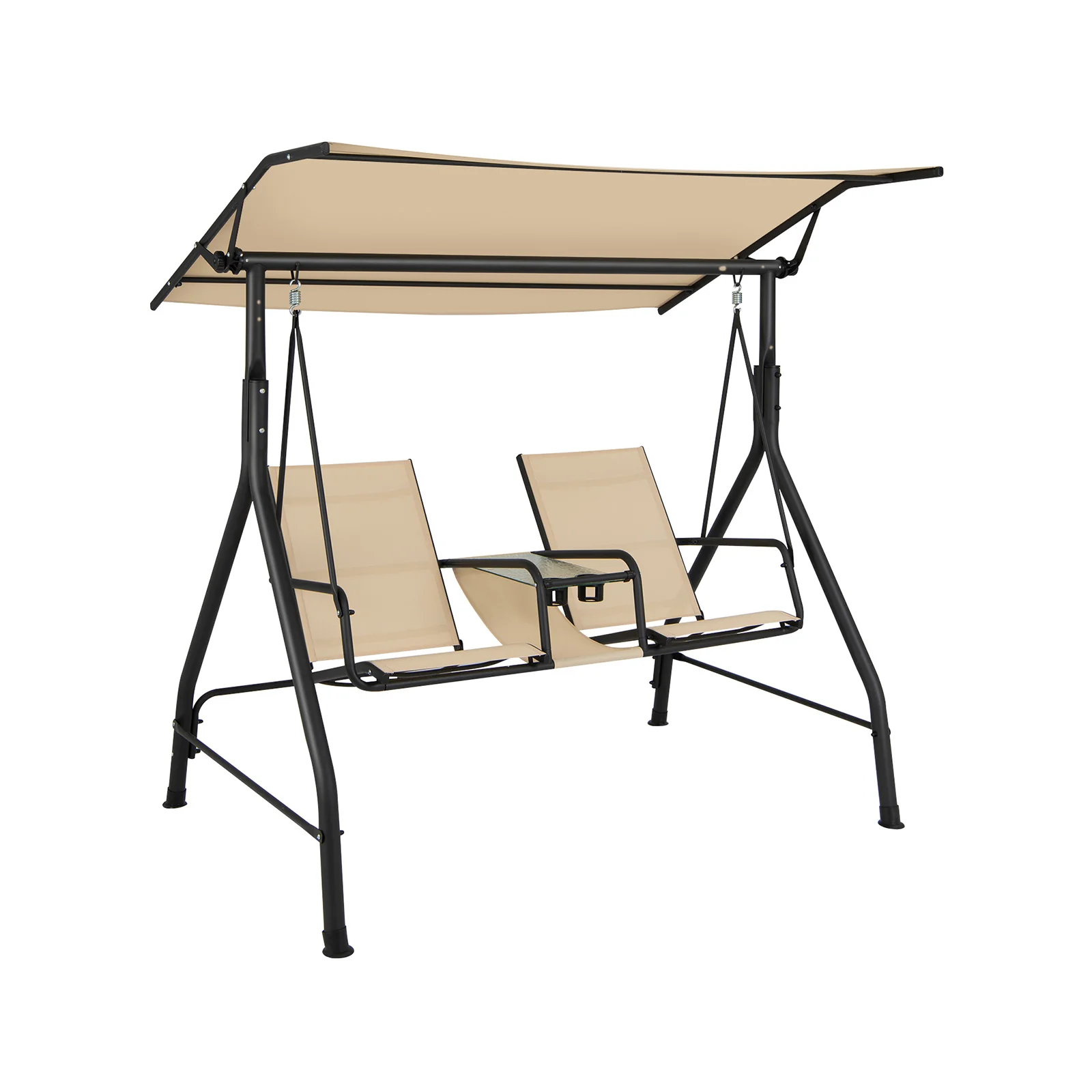 2-Seat Outdoor Porch Swing, Adjustable Canopy, Tempered Glass Table, Beige