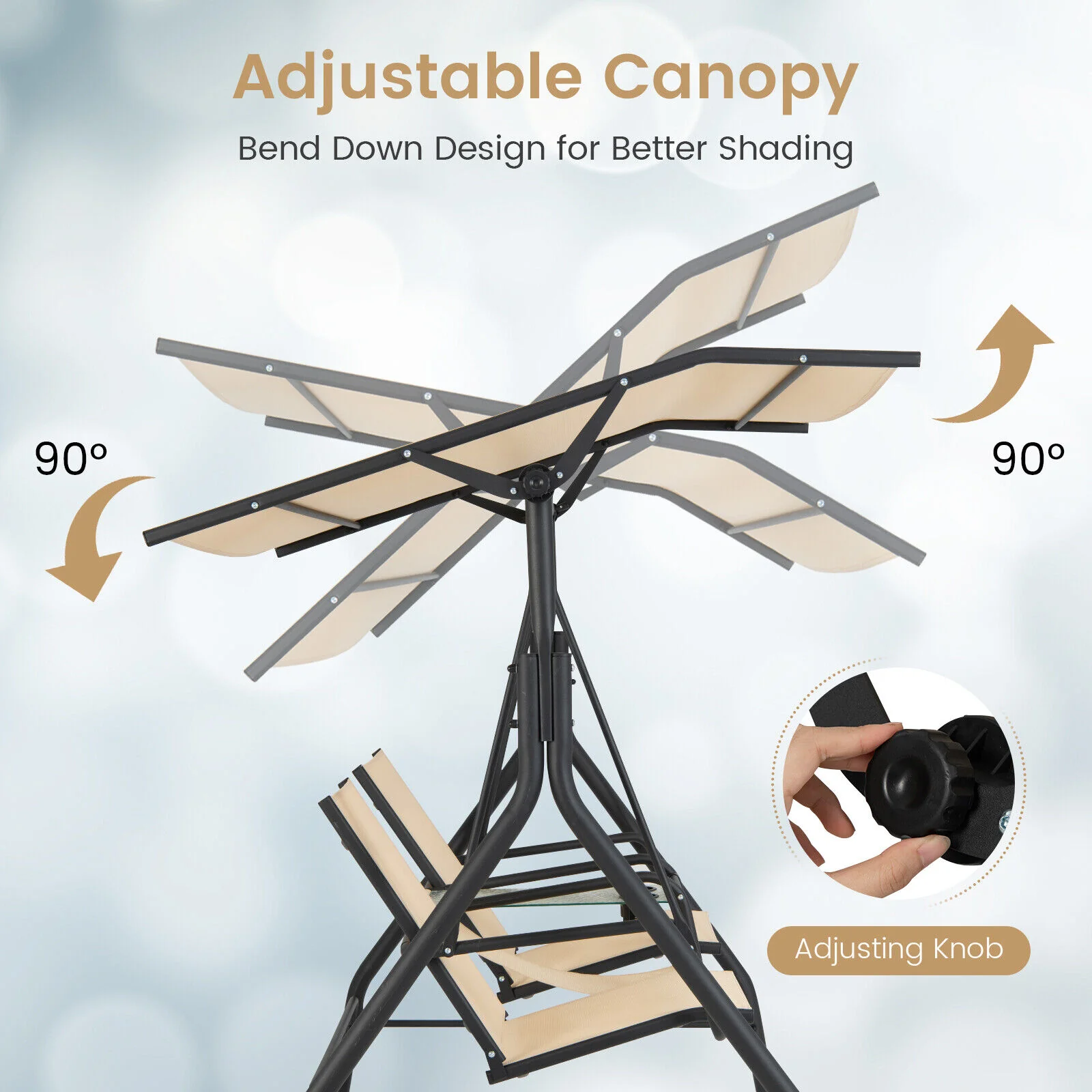 2-Seat Outdoor Porch Swing, Adjustable Canopy, Tempered Glass Table, Beige - Image 6