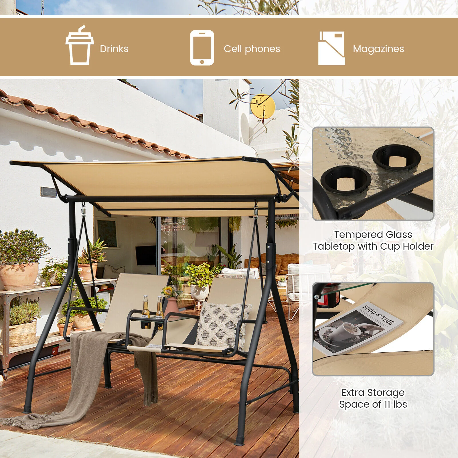 2-Seat Outdoor Porch Swing, Adjustable Canopy, Tempered Glass Table, Beige - Image 8