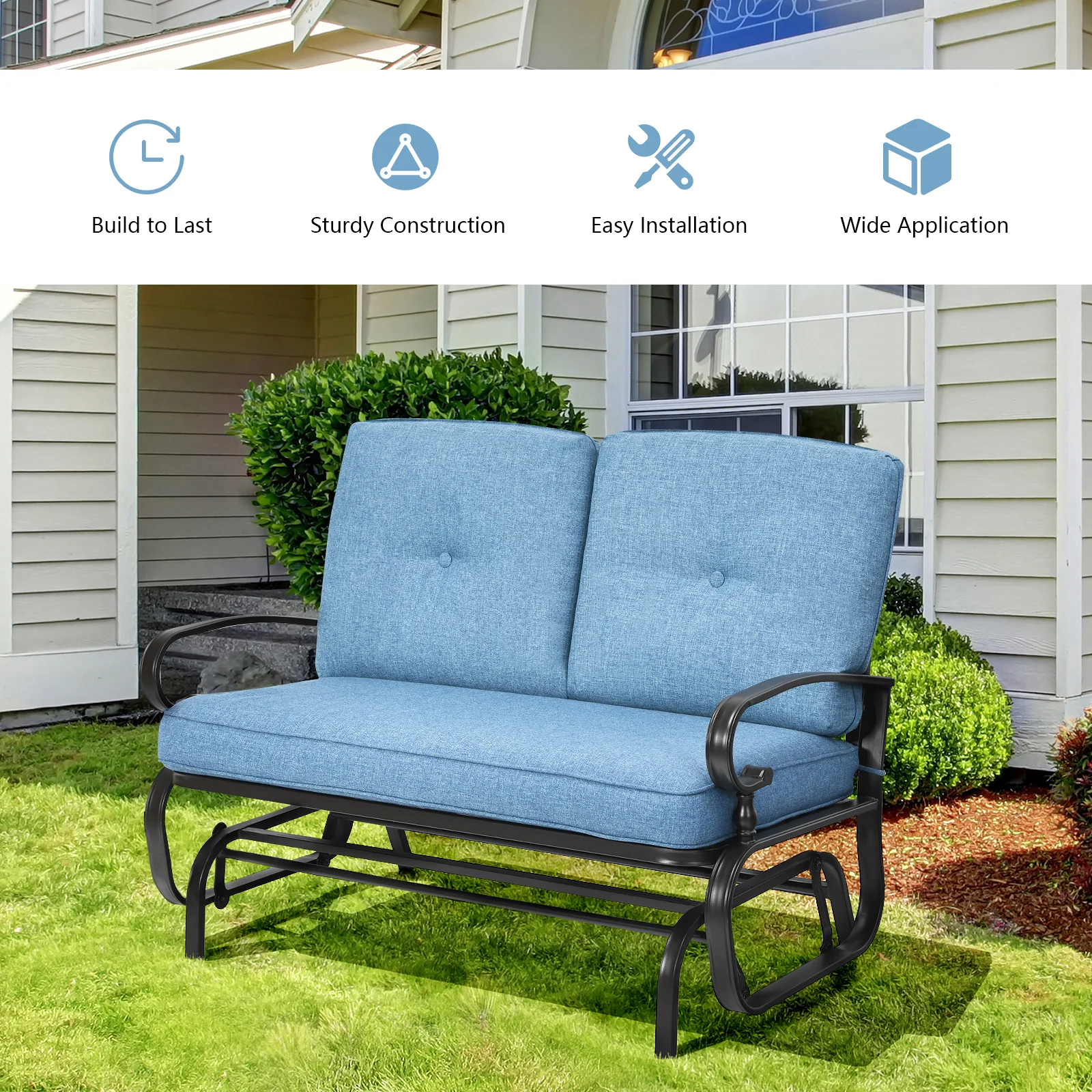 2 Seat Outdoor Swing Glider Chair, Blue - Image 4