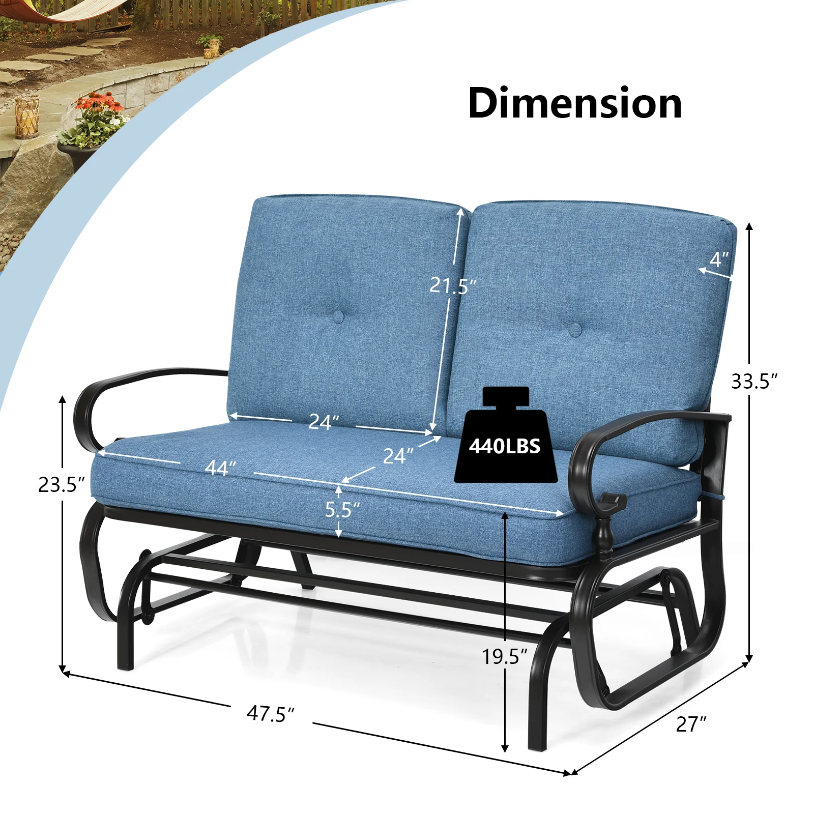 2 Seat Outdoor Swing Glider Chair, Blue - Image 5