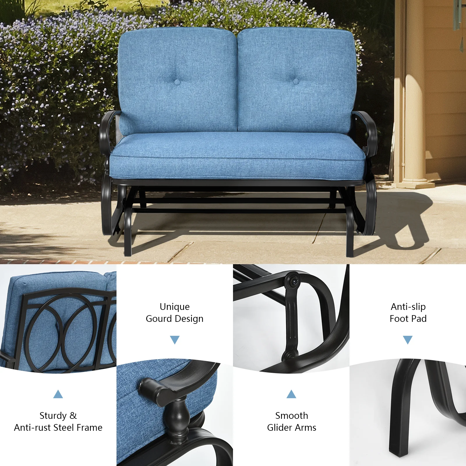 2 Seat Outdoor Swing Glider Chair, Blue - Image 9