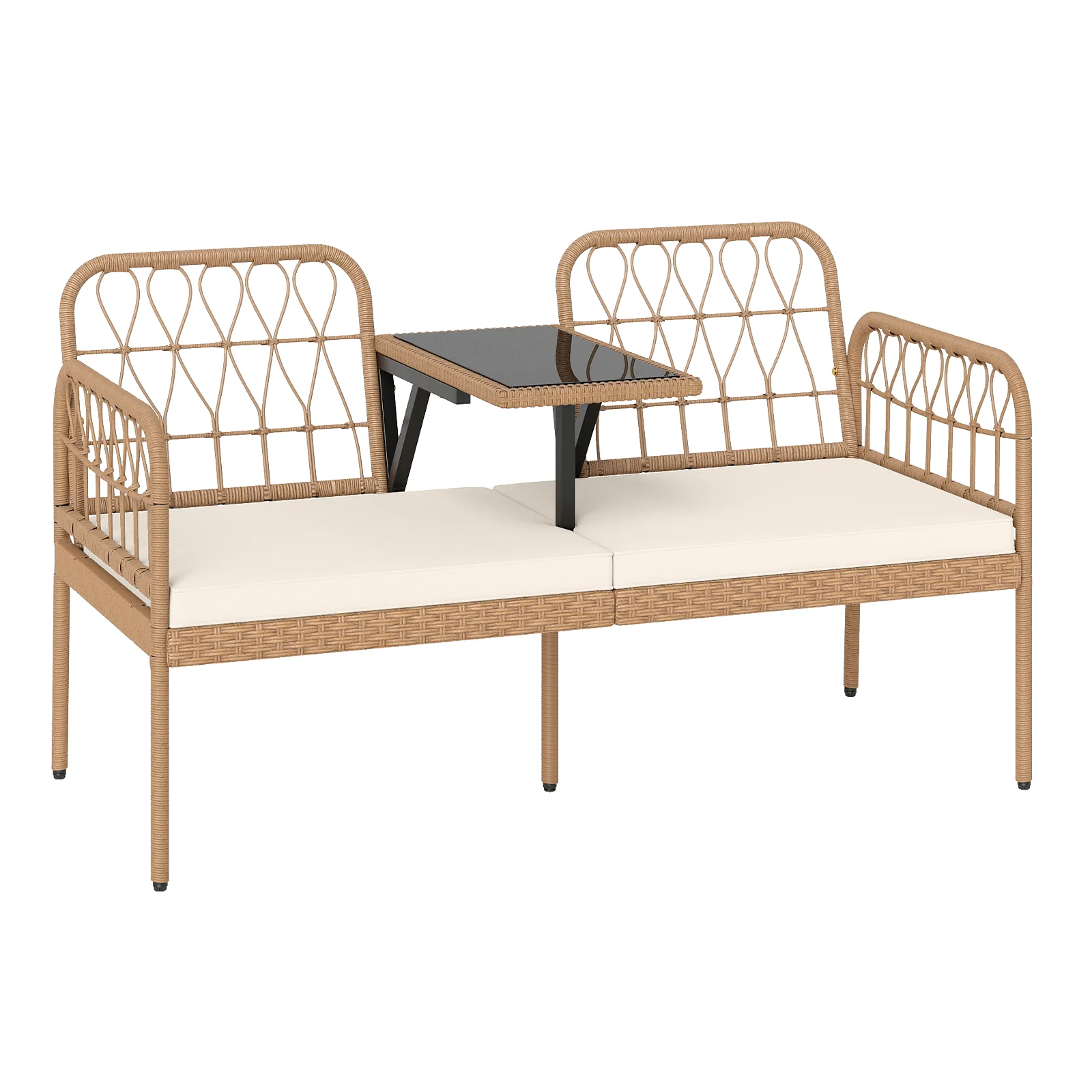 2-Seat PE Rattan Outdoor Loveseat with Built-in Coffee Table and Soft Cushions, White