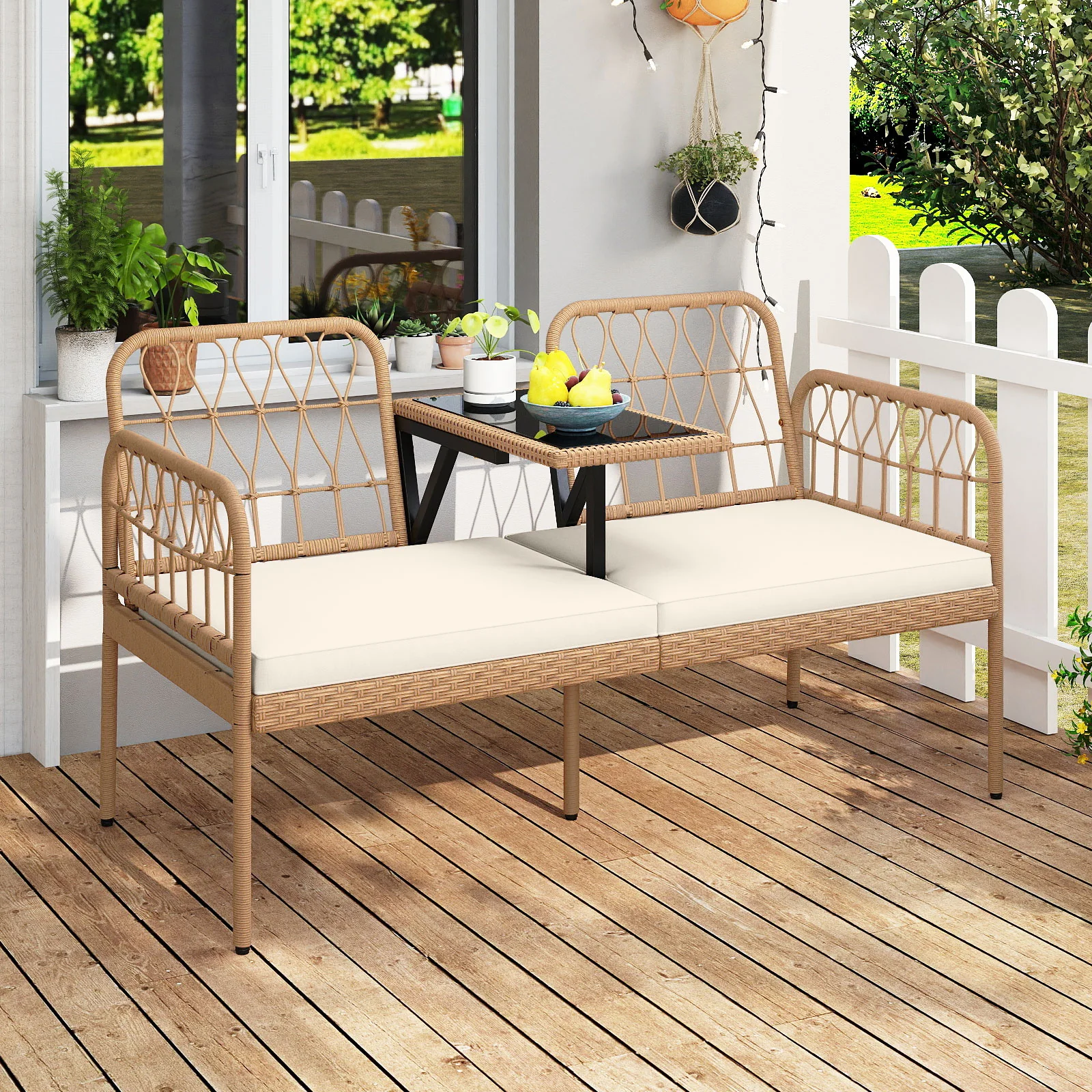 2-Seat PE Rattan Outdoor Loveseat with Built-in Coffee Table and Soft Cushions, White - Image 2
