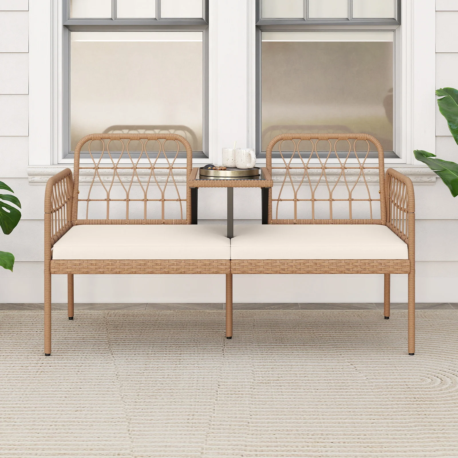 2-Seat PE Rattan Outdoor Loveseat with Built-in Coffee Table and Soft Cushions, White - Image 3