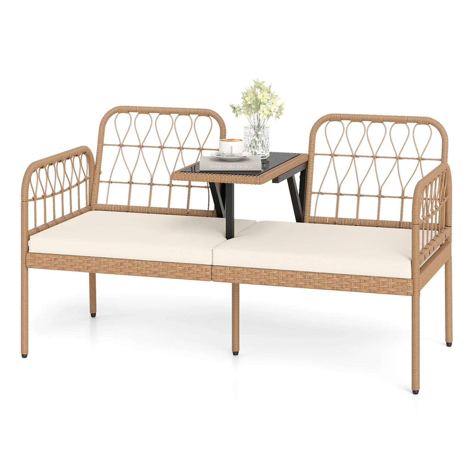 2-Seat PE Rattan Outdoor Loveseat with Built-in Coffee Table and Soft Cushions, White - Image 4