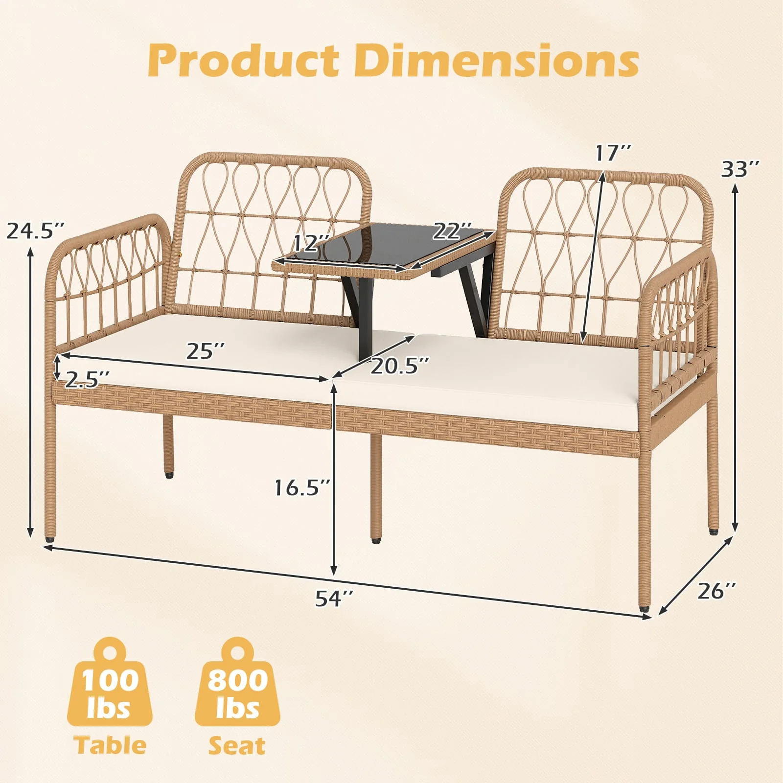 2-Seat PE Rattan Outdoor Loveseat with Built-in Coffee Table and Soft Cushions, White - Image 5