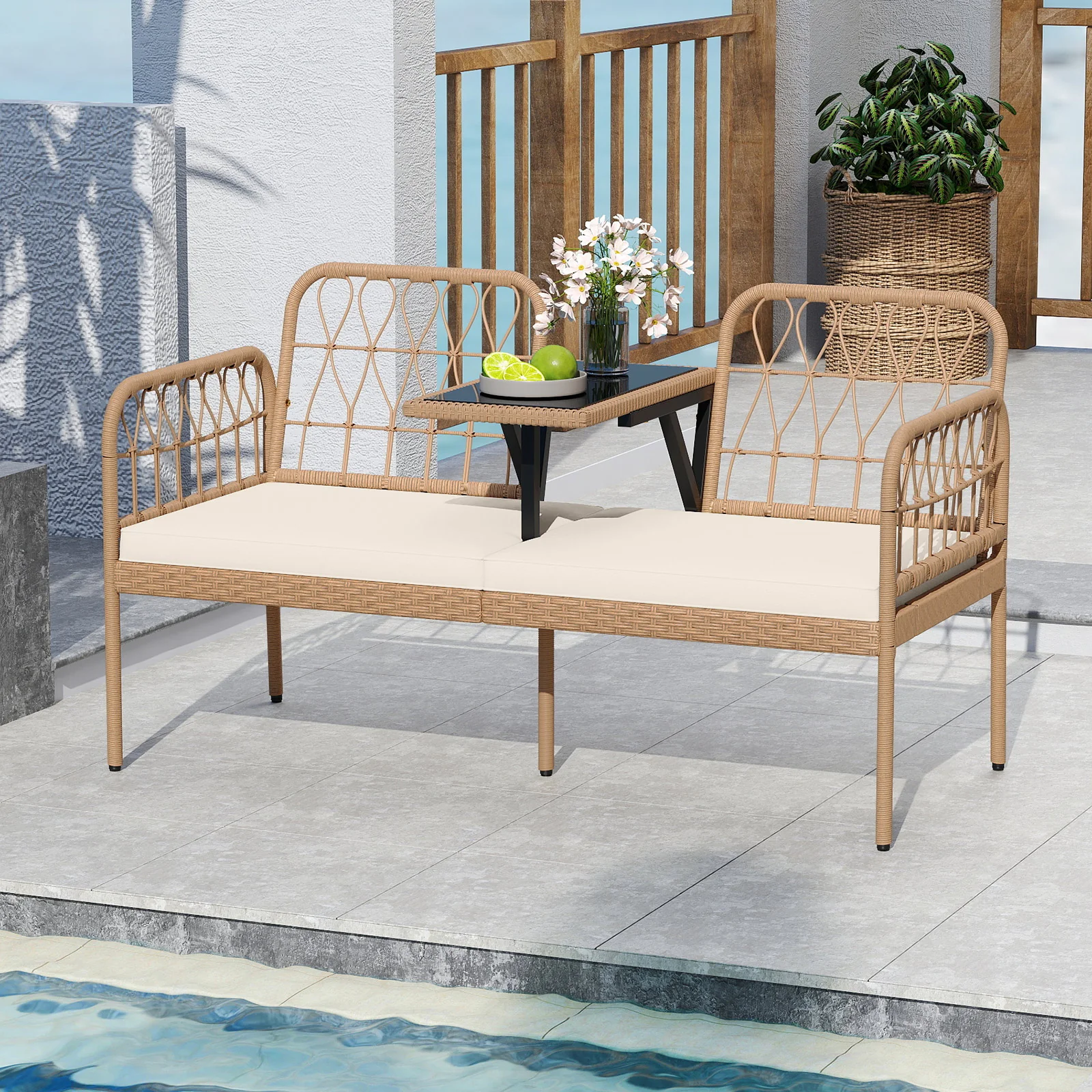 2-Seat PE Rattan Outdoor Loveseat with Built-in Coffee Table and Soft Cushions, White - Image 6