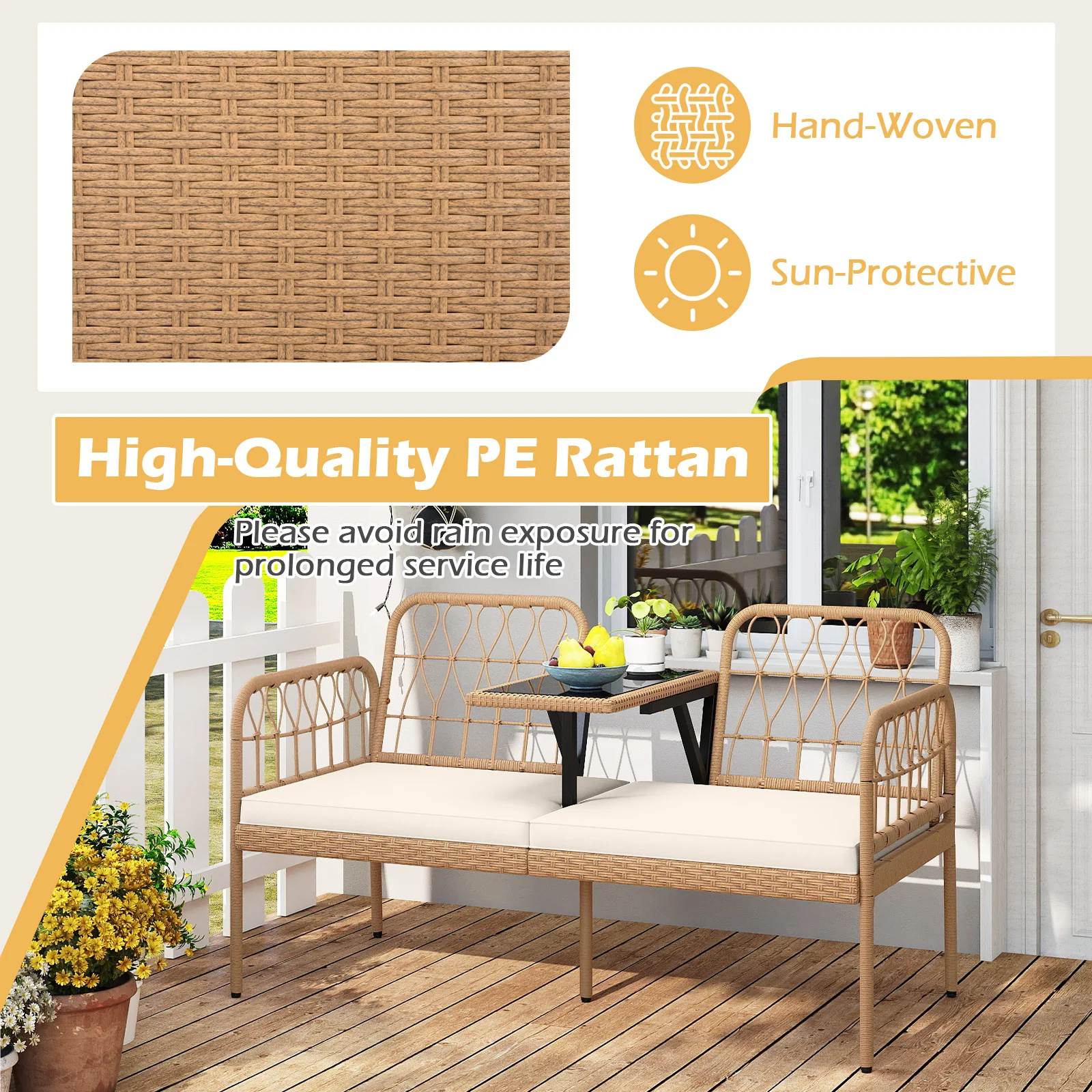 2-Seat PE Rattan Outdoor Loveseat with Built-in Coffee Table and Soft Cushions, White - Image 7