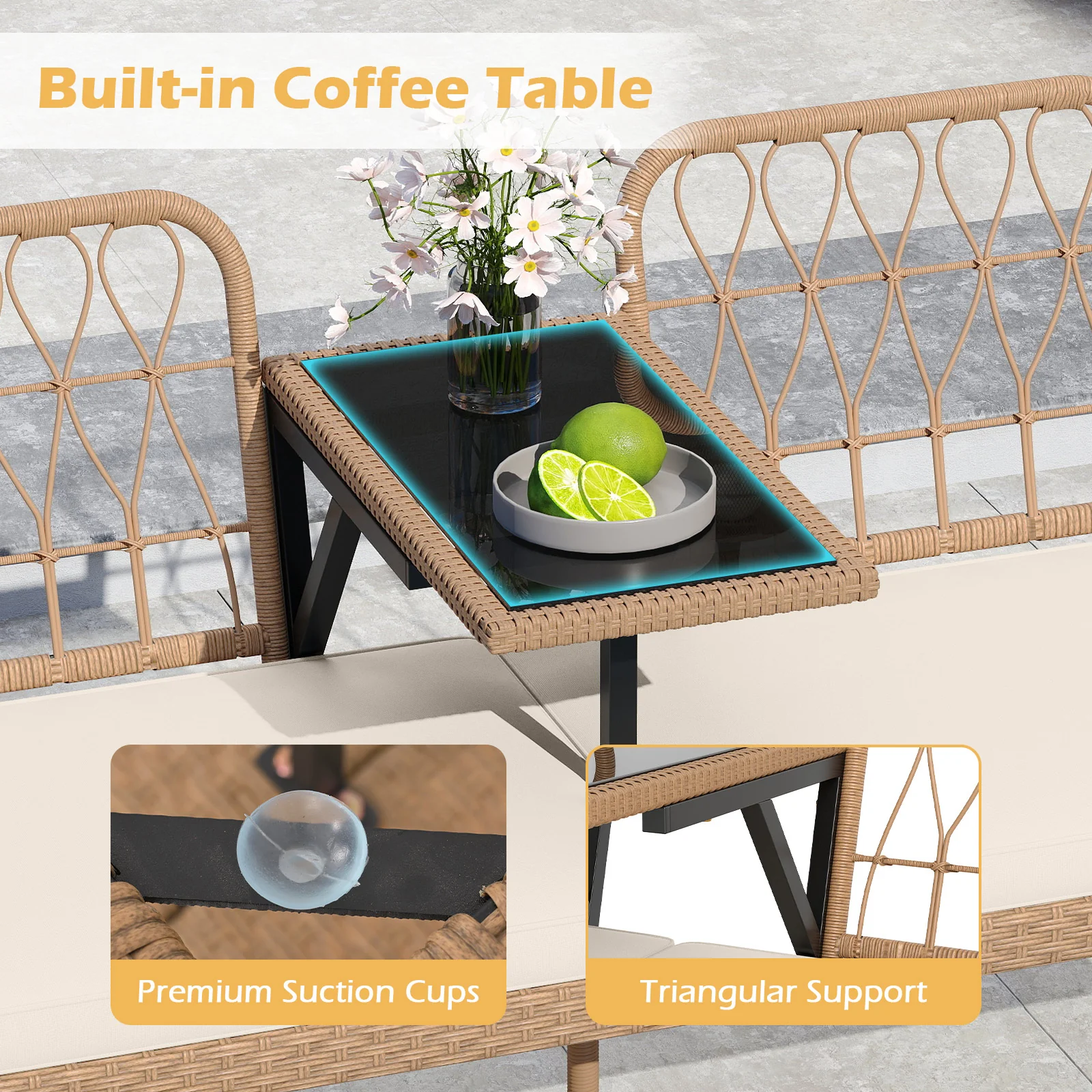 2-Seat PE Rattan Outdoor Loveseat with Built-in Coffee Table and Soft Cushions, White - Image 9
