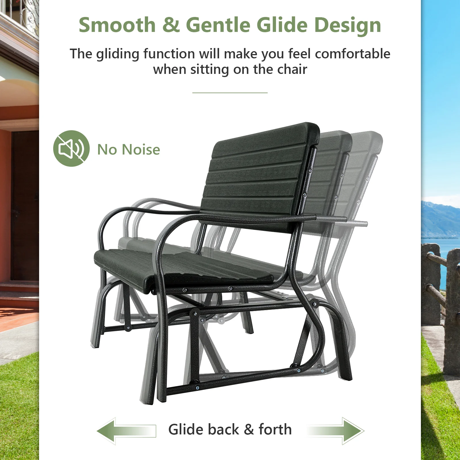 2-Seat Porch Glider, HDPE Back Seat, Steel Frame, Black - Image 10