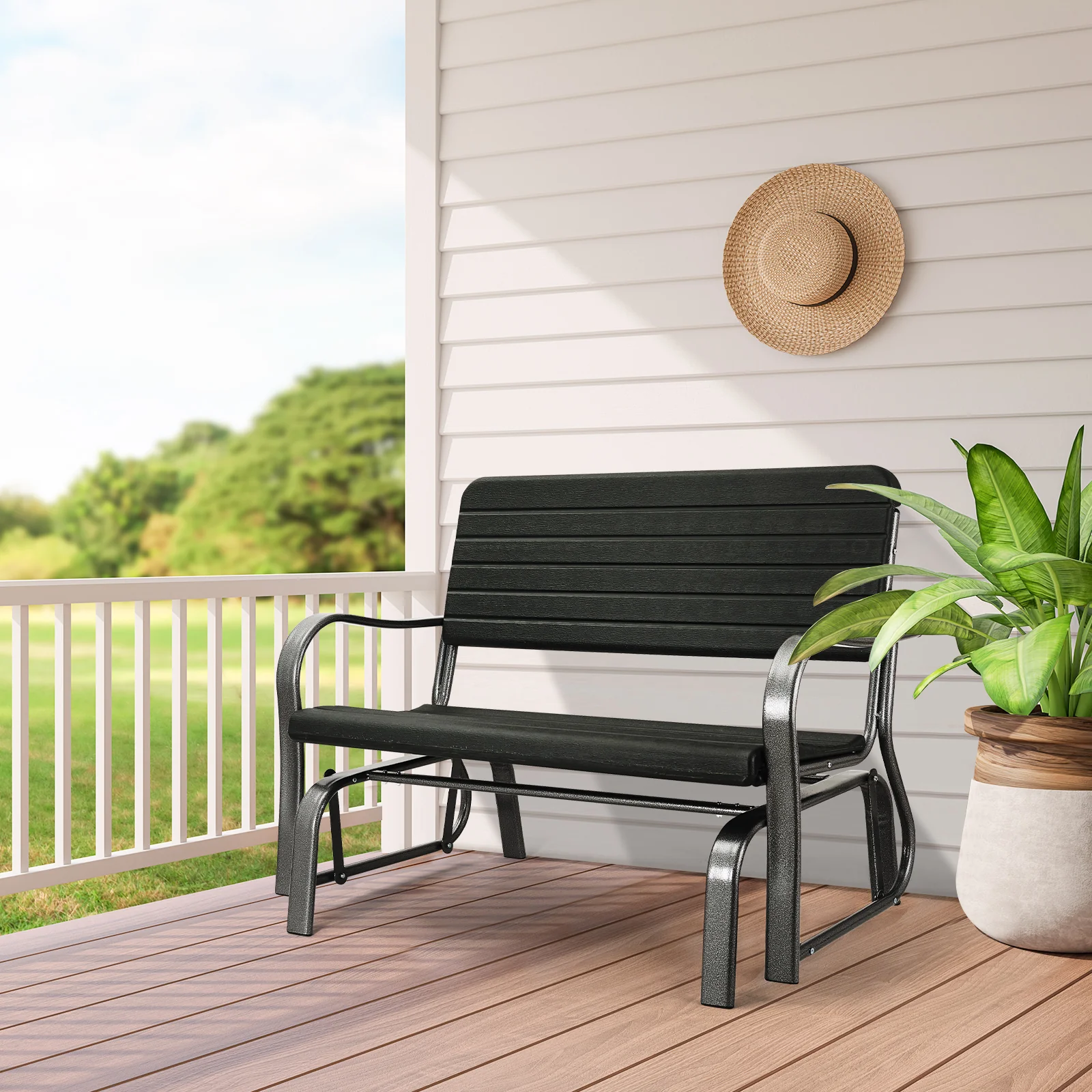 2-Seat Porch Glider, HDPE Back Seat, Steel Frame, Black - Image 3
