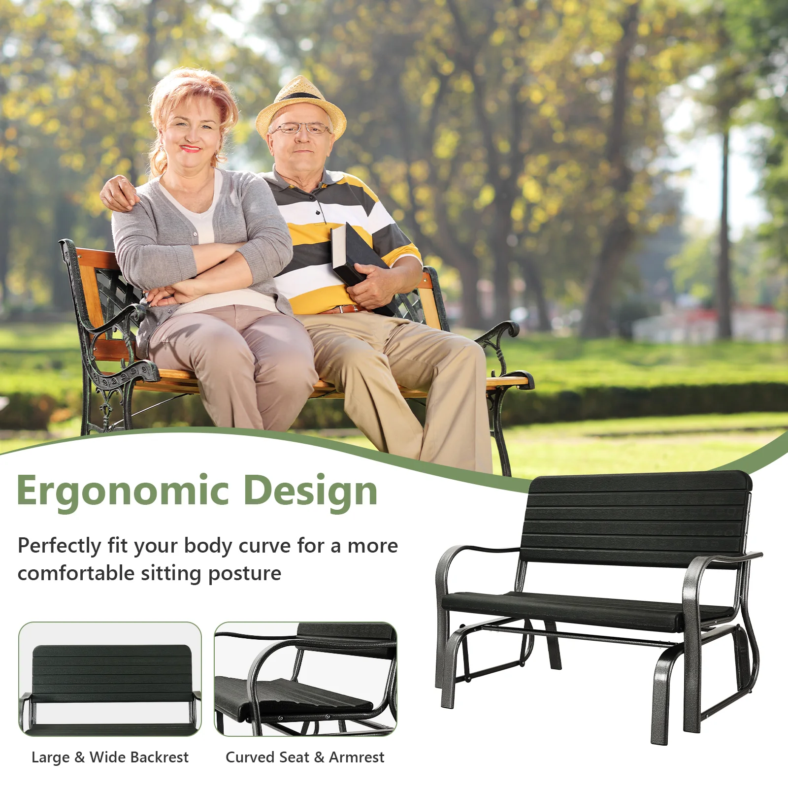 2-Seat Porch Glider, HDPE Back Seat, Steel Frame, Black - Image 6