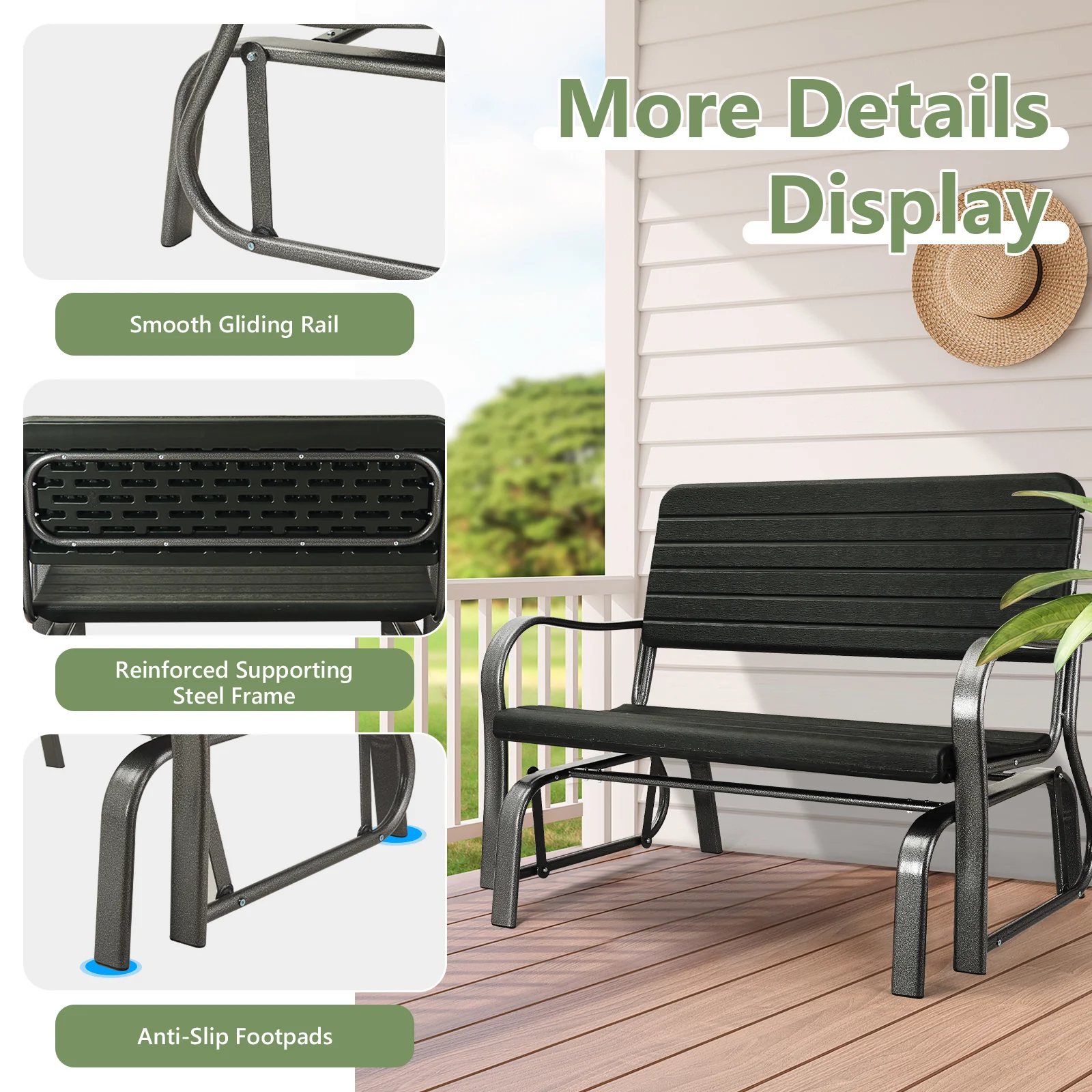 2-Seat Porch Glider, HDPE Back Seat, Steel Frame, Black - Image 7