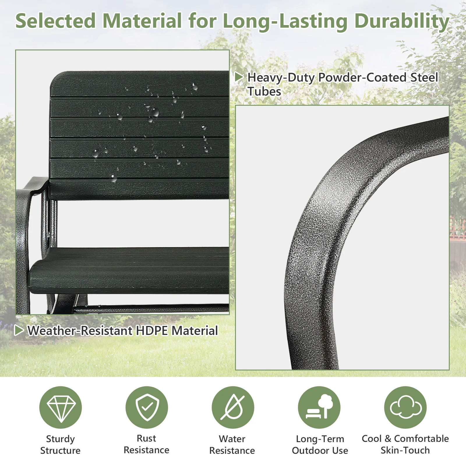 2-Seat Porch Glider, HDPE Back Seat, Steel Frame, Black - Image 8