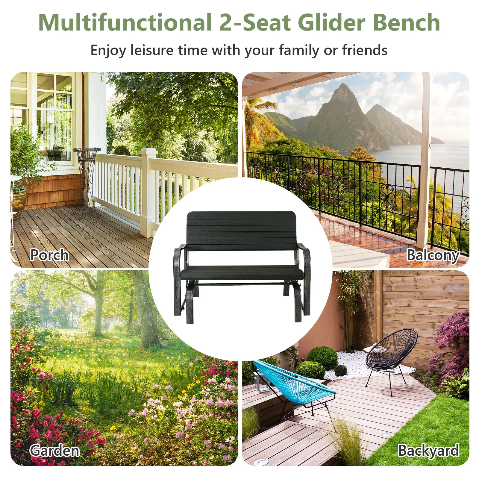 2-Seat Porch Glider, HDPE Back Seat, Steel Frame, Black - Image 9