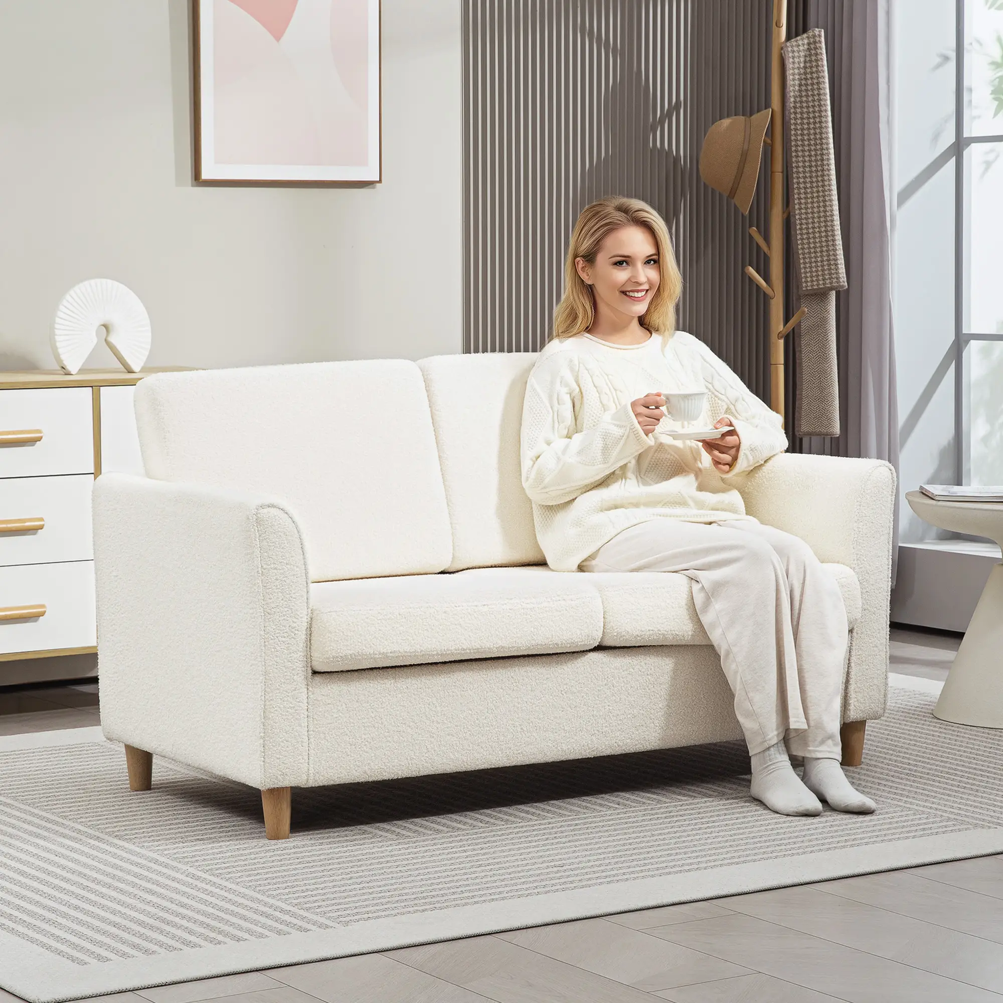 2-Seat Sofa with Armrests, Wood Legs, 2-Seater, Cream White - Image 2