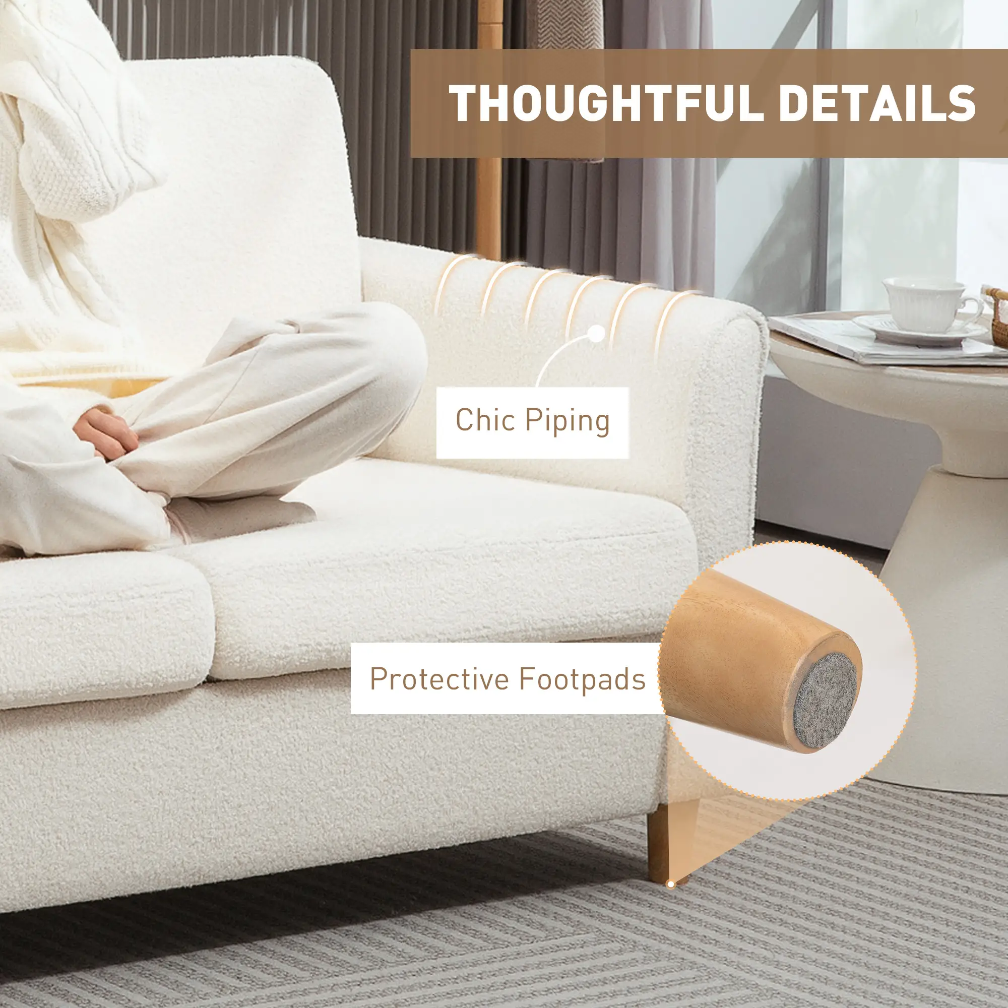 2-Seat Sofa with Armrests, Wood Legs, 2-Seater, Cream White - Image 6