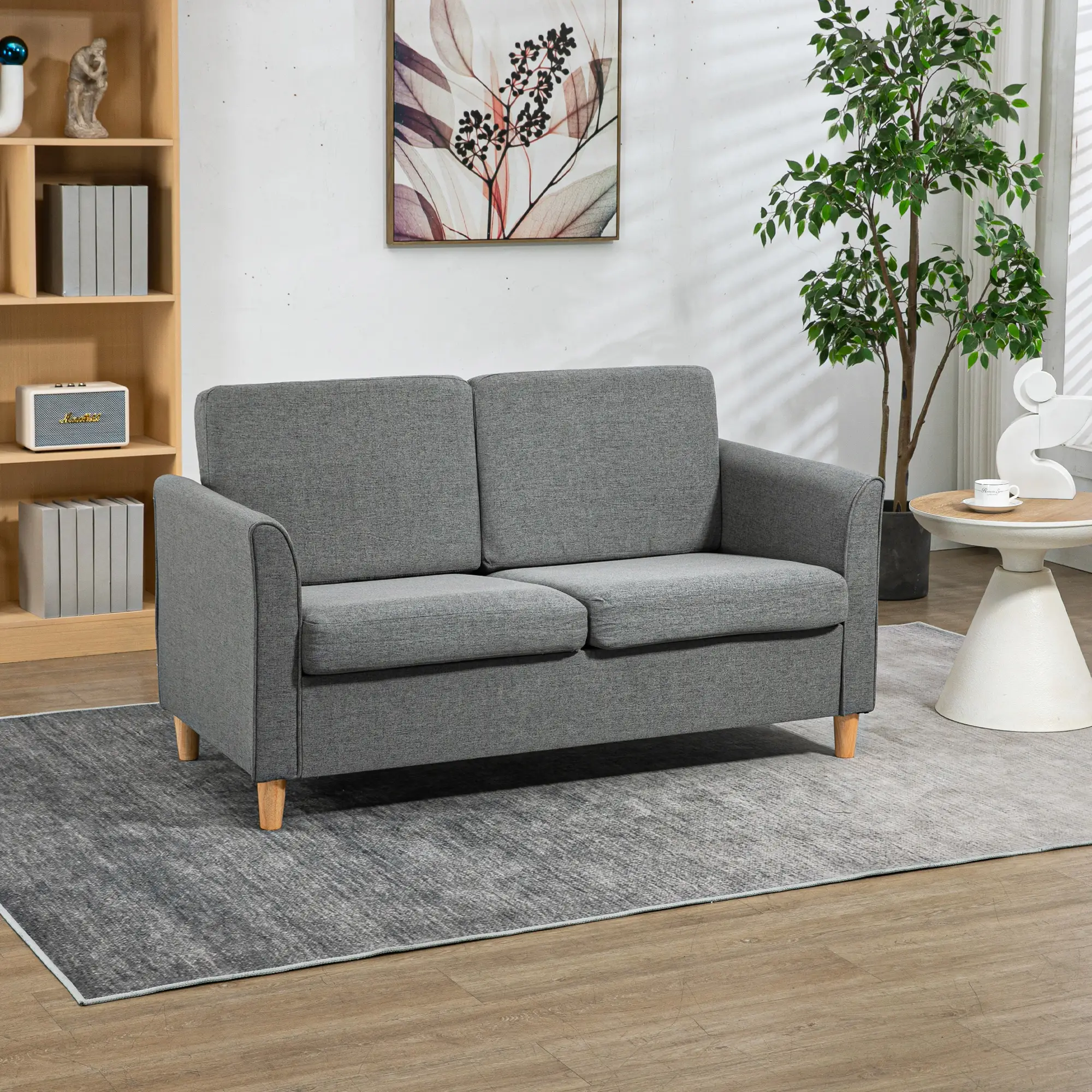 2-Seat Sofa with Armrests, Wood Legs, for Living Room, Grey - Image 2