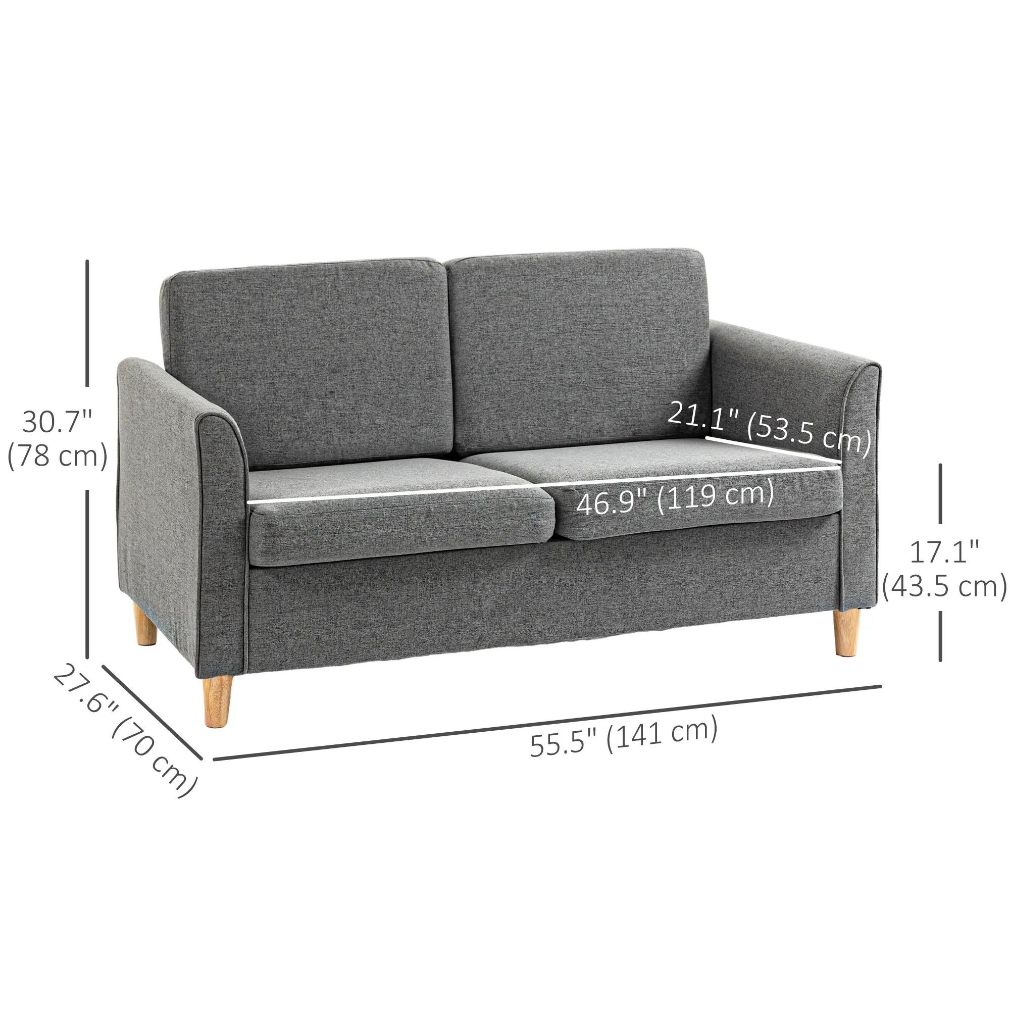 2-Seat Sofa with Armrests, Wood Legs, for Living Room, Grey - Image 3