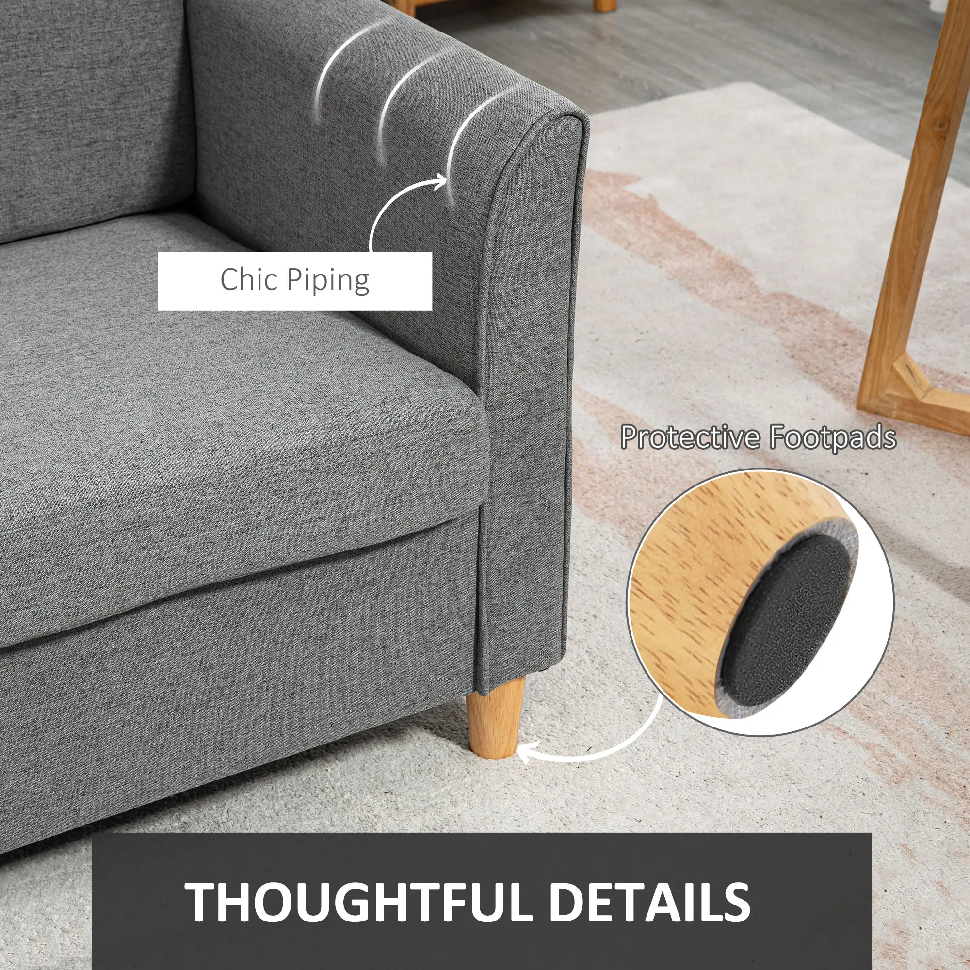 2-Seat Sofa with Armrests, Wood Legs, for Living Room, Grey - Image 6