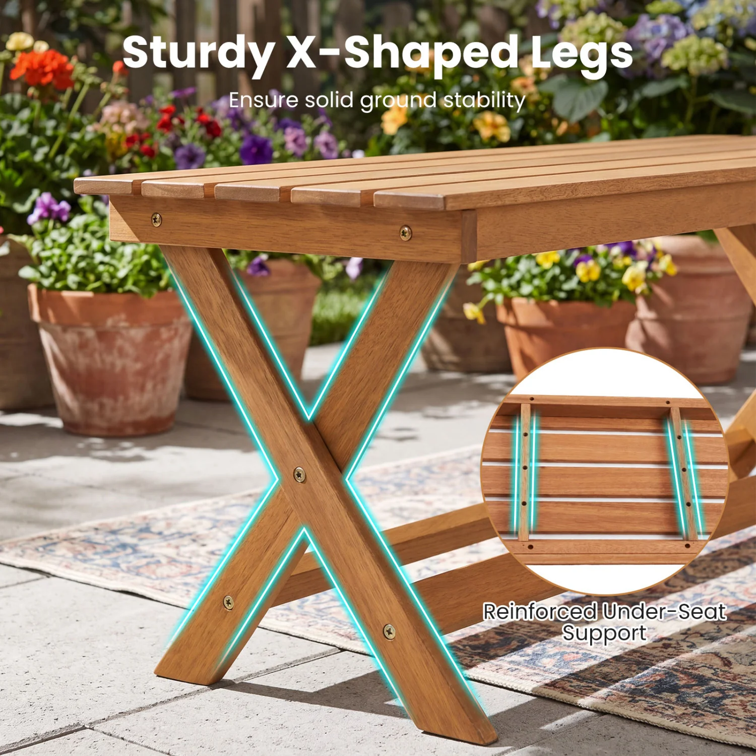 2-Seat Wooden Garden Bench, X-Shaped Legs, Set of 2 - Image 5