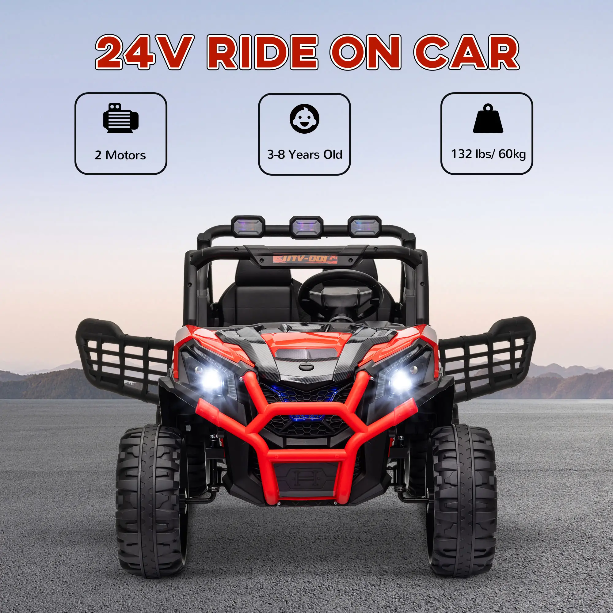 2 Seater 24V Electric Car for Kids, Remote Control, 3 Speed, LED Lights, Red - Image 4