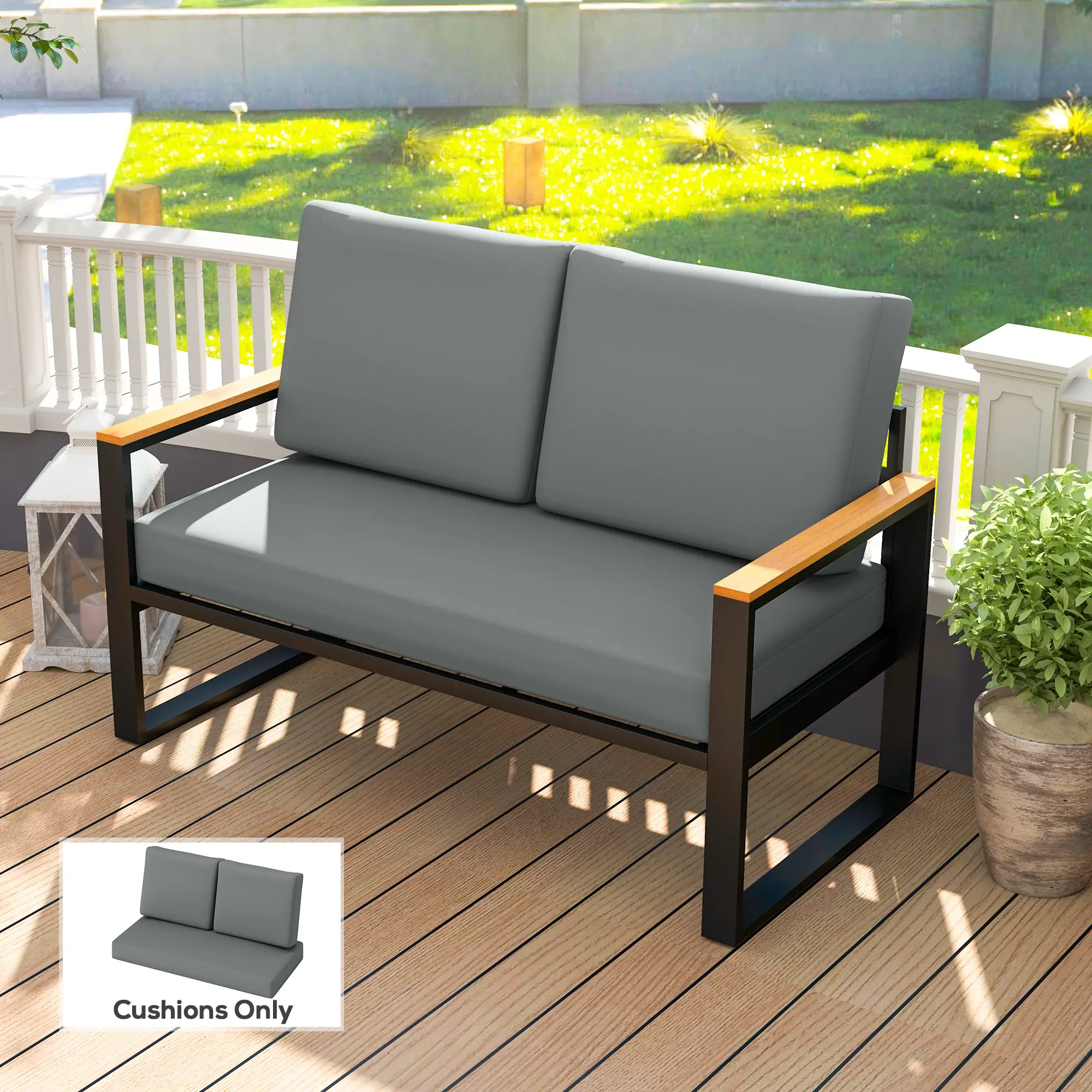 2 Seater 5" Thick Outdoor Seat Cushions, 7" Backrest, Light Grey - Image 2