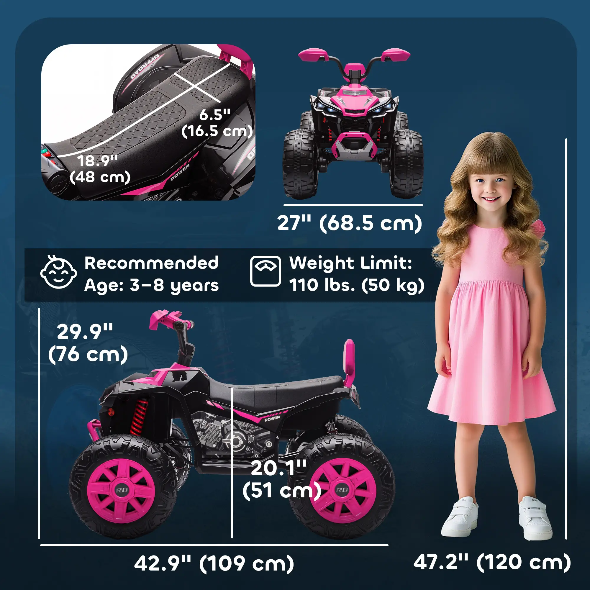2-Seater All-Terrain 4 Wheeler, 24V Kids ATV, Electric Quad Car, Pink - Image 3