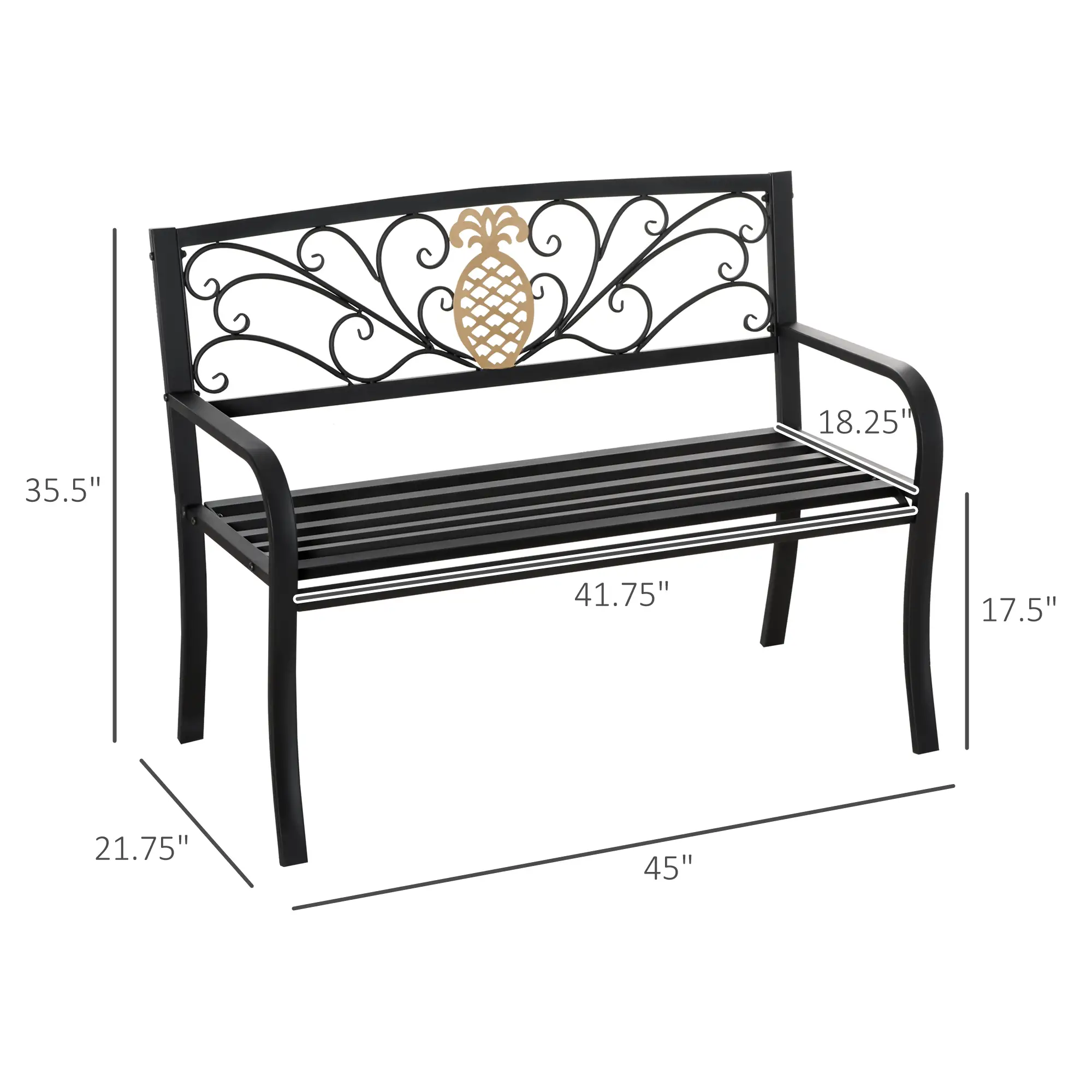2 Seater Garden Bench, 45" x 21.75" x 35.5", Black and Gold - Image 3