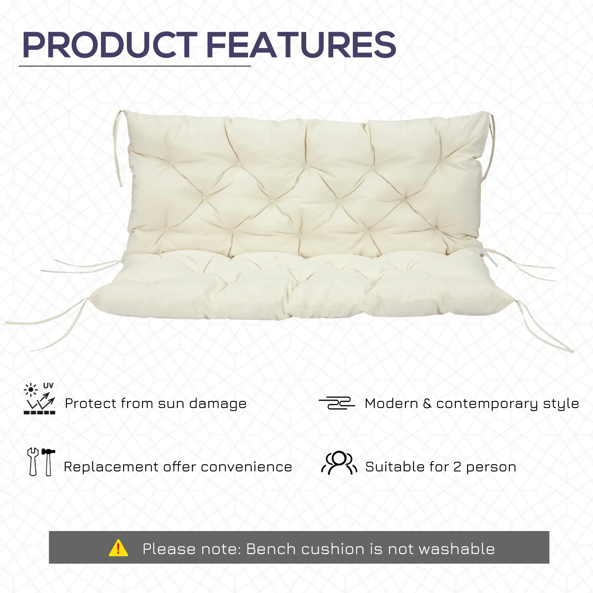 2 Seater Garden Bench Cushion, Outdoor Non-Slip Pad, 52" x 43" x 4", Beige - Image 5