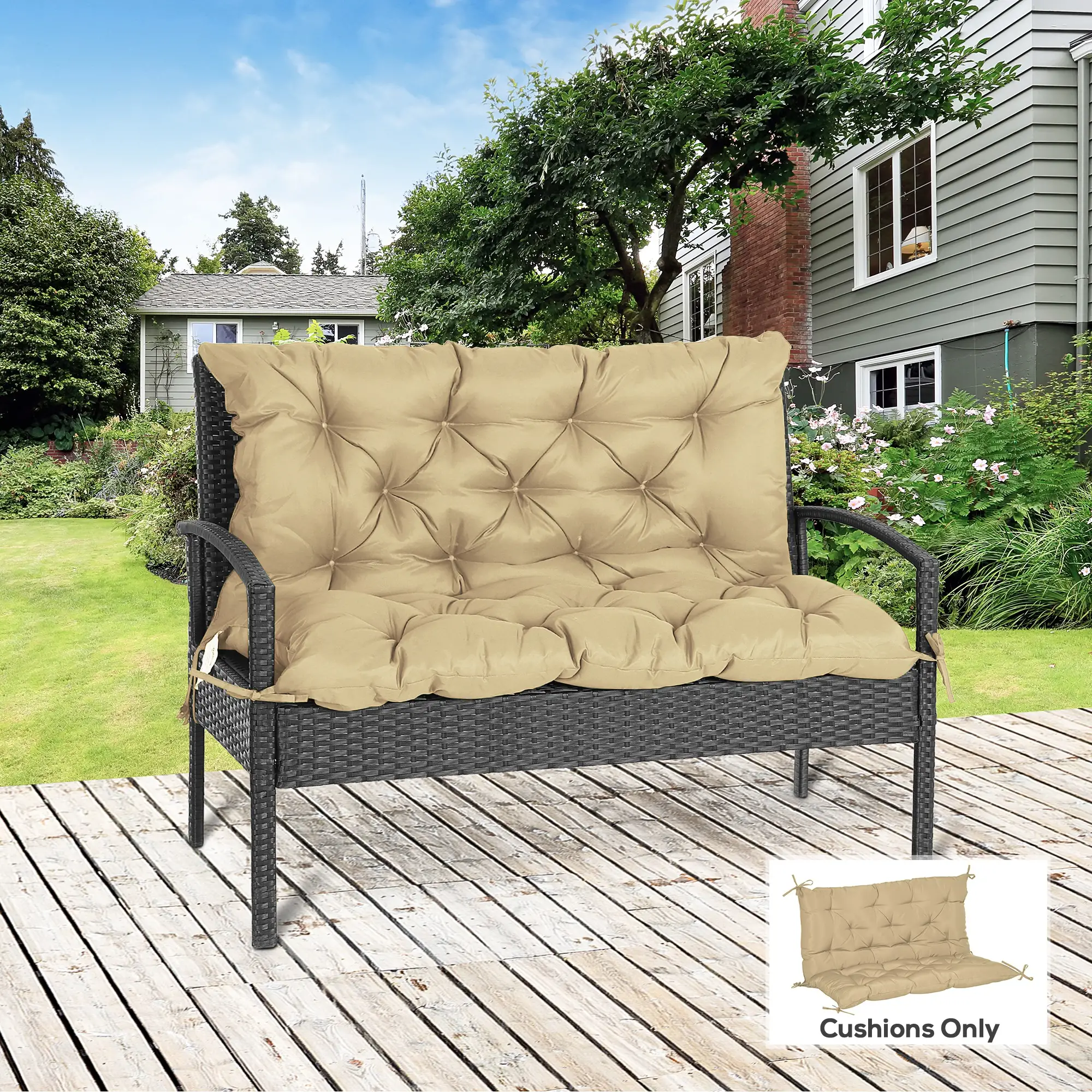 2-Seater Garden Bench Cushion, Swing Chair Mat Replacement, 39.4"x38.6", Khaki - Image 2