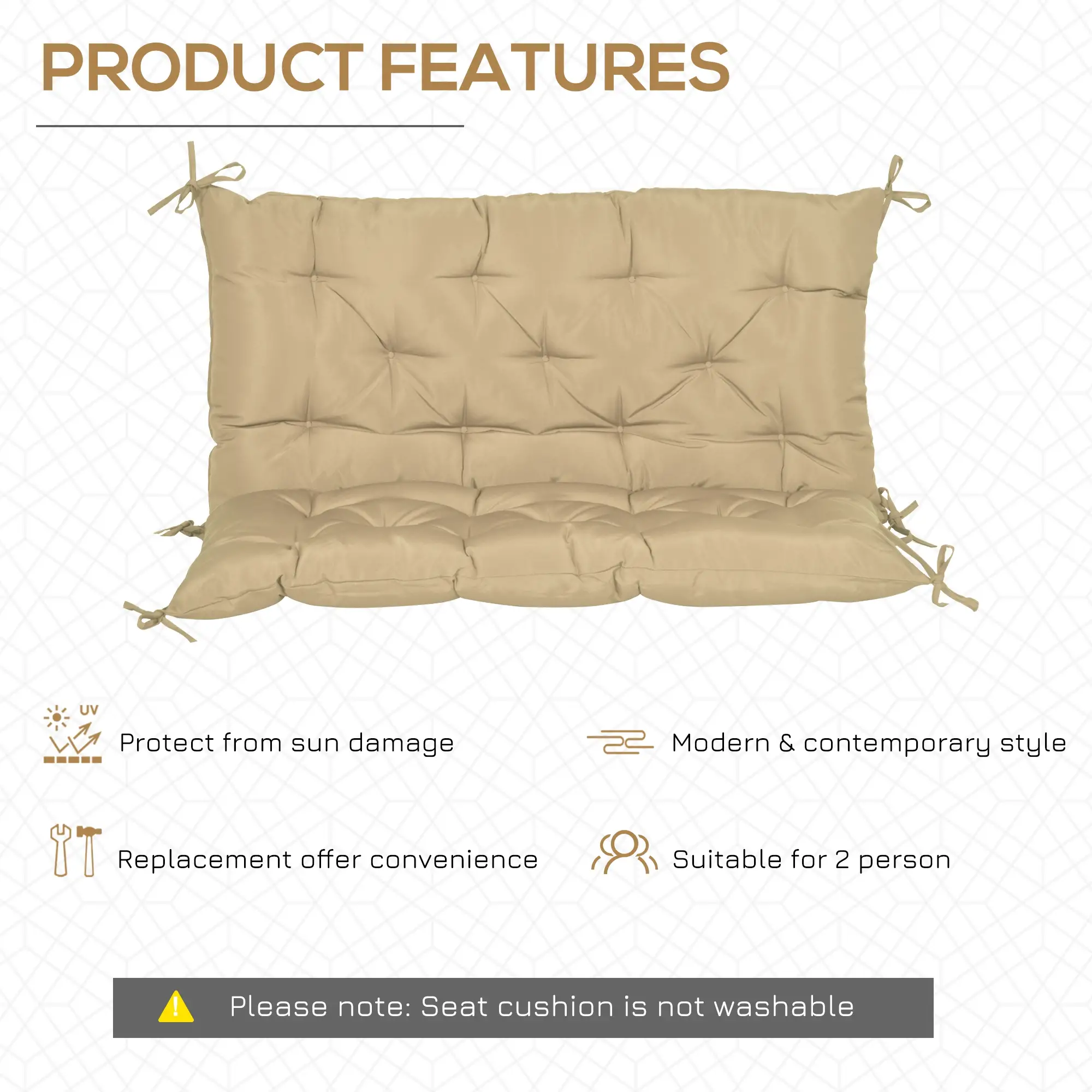 2-Seater Garden Bench Cushion, Swing Chair Mat Replacement, 39.4"x38.6", Khaki - Image 5
