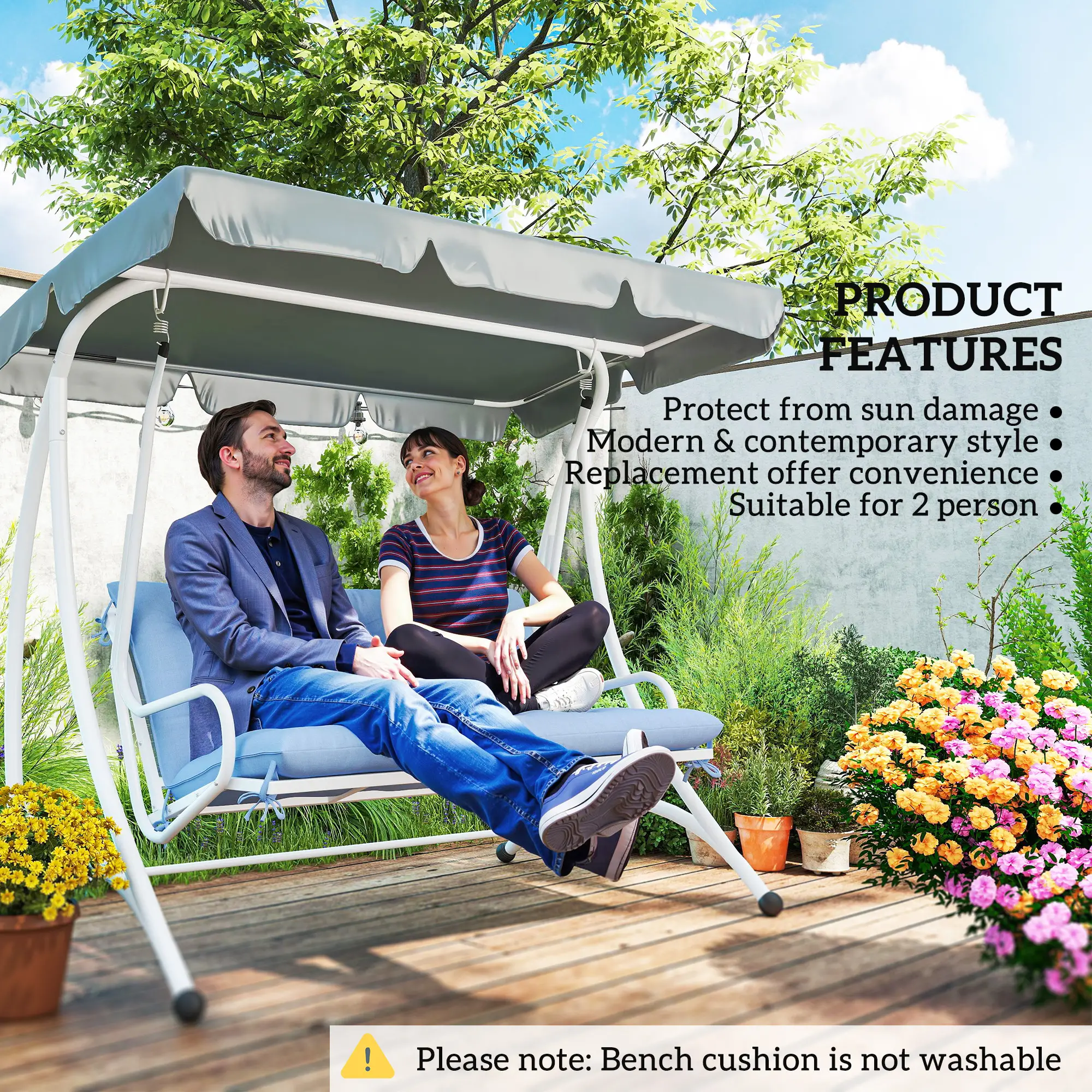 2 Seater Garden Bench Cushion, Thick Outdoor Non-Slip, 47" x 43" x 5", Light Blue - Image 5