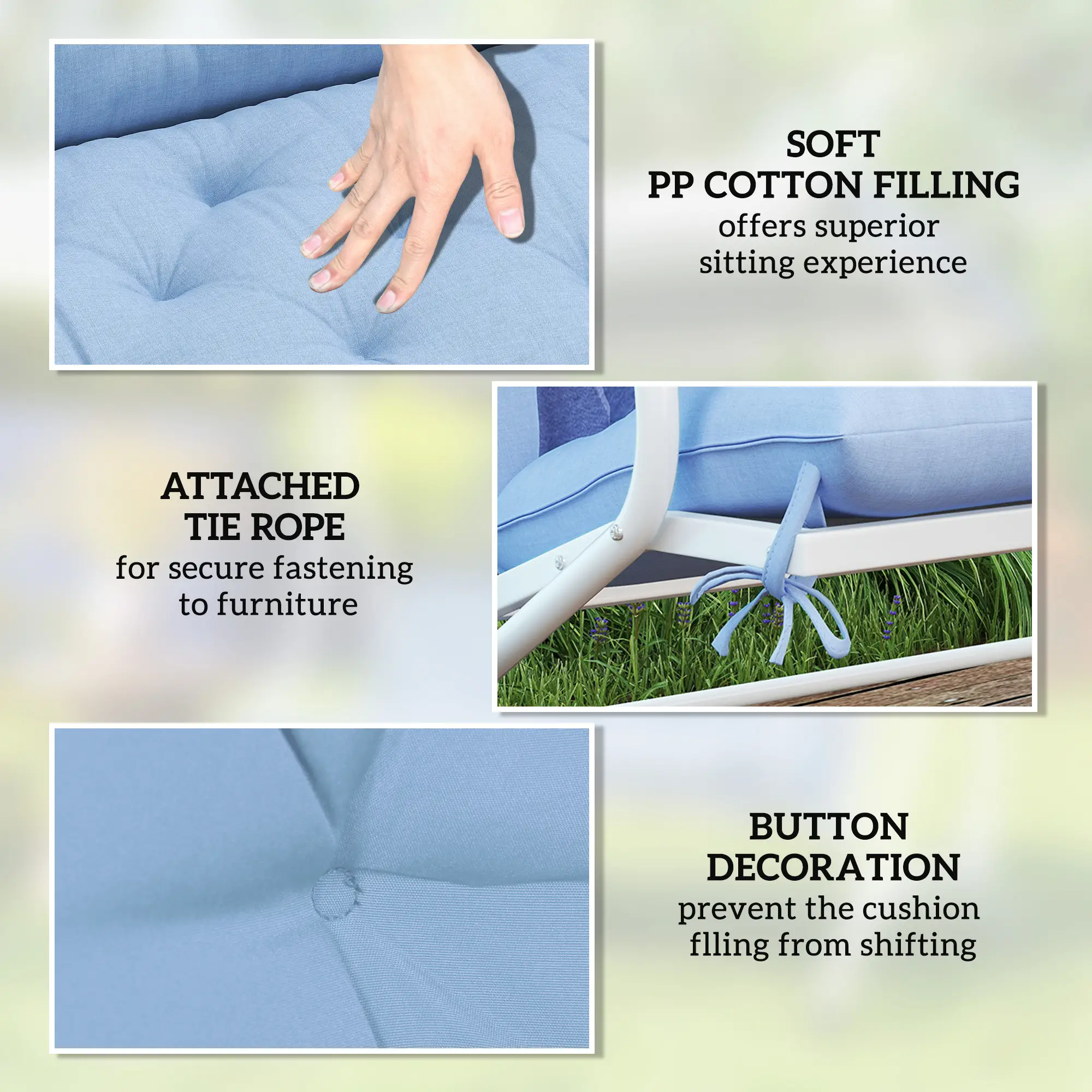 2 Seater Garden Bench Cushion, Thick Outdoor Non-Slip, 47" x 43" x 5", Light Blue - Image 6