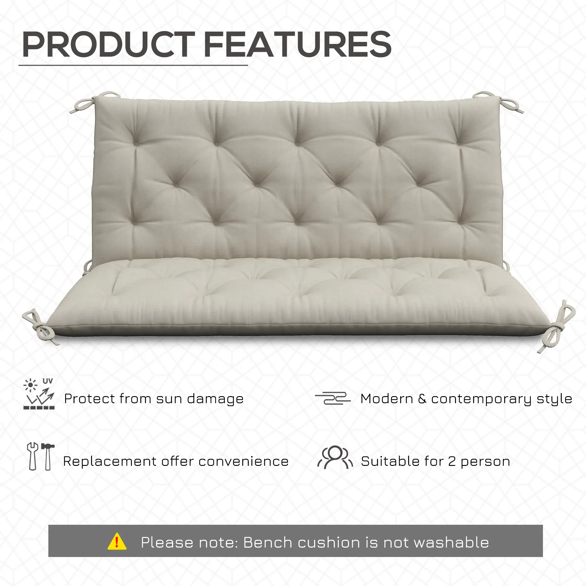 2 Seater Garden Bench Cushion, Thick Outdoor Non-Slip, 47" x 43" x 5", Light Grey - Image 5