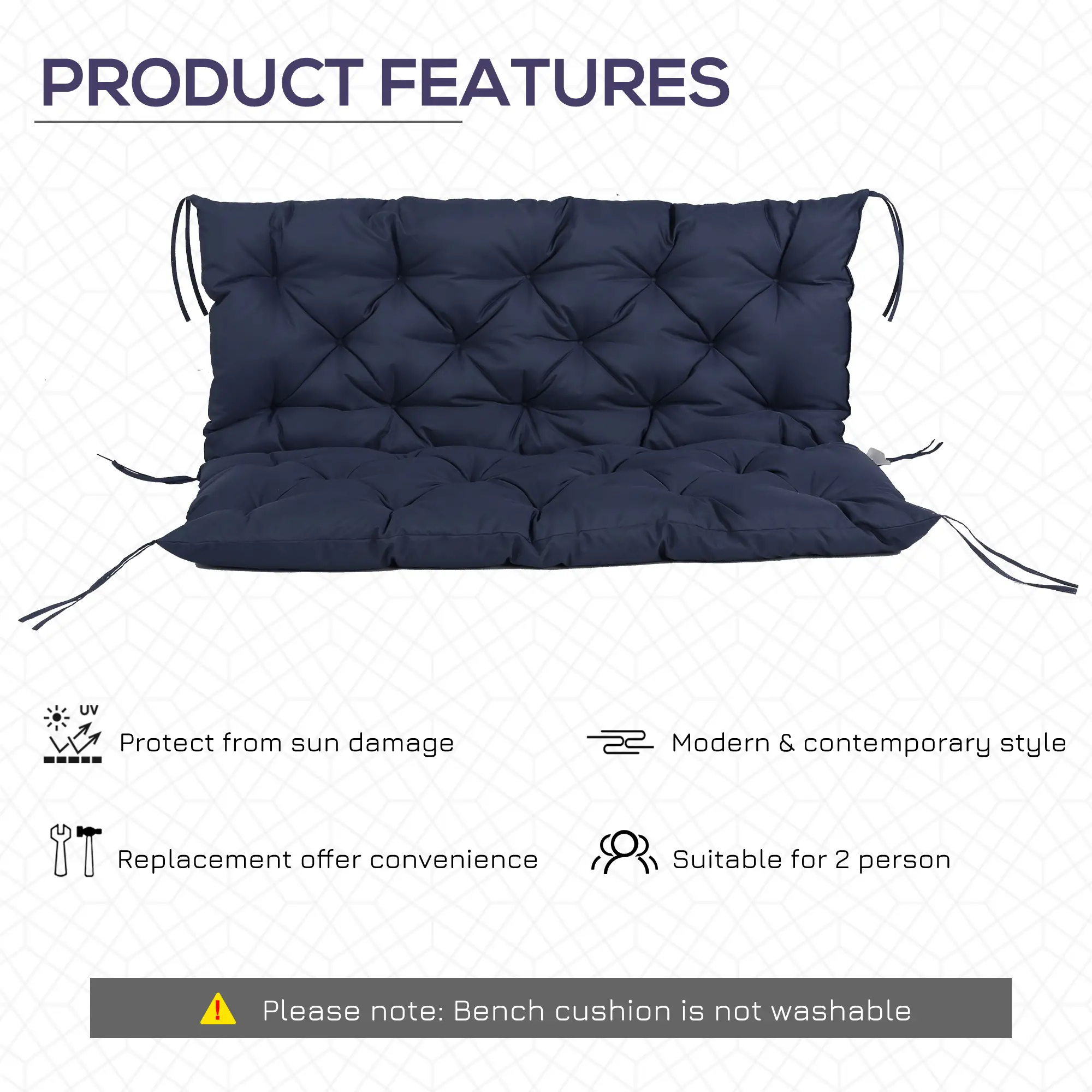2 Seater Garden Bench Cushion, Thick Outdoor Non-Slip, 52" x 43" x 4", Navy Blue - Image 5
