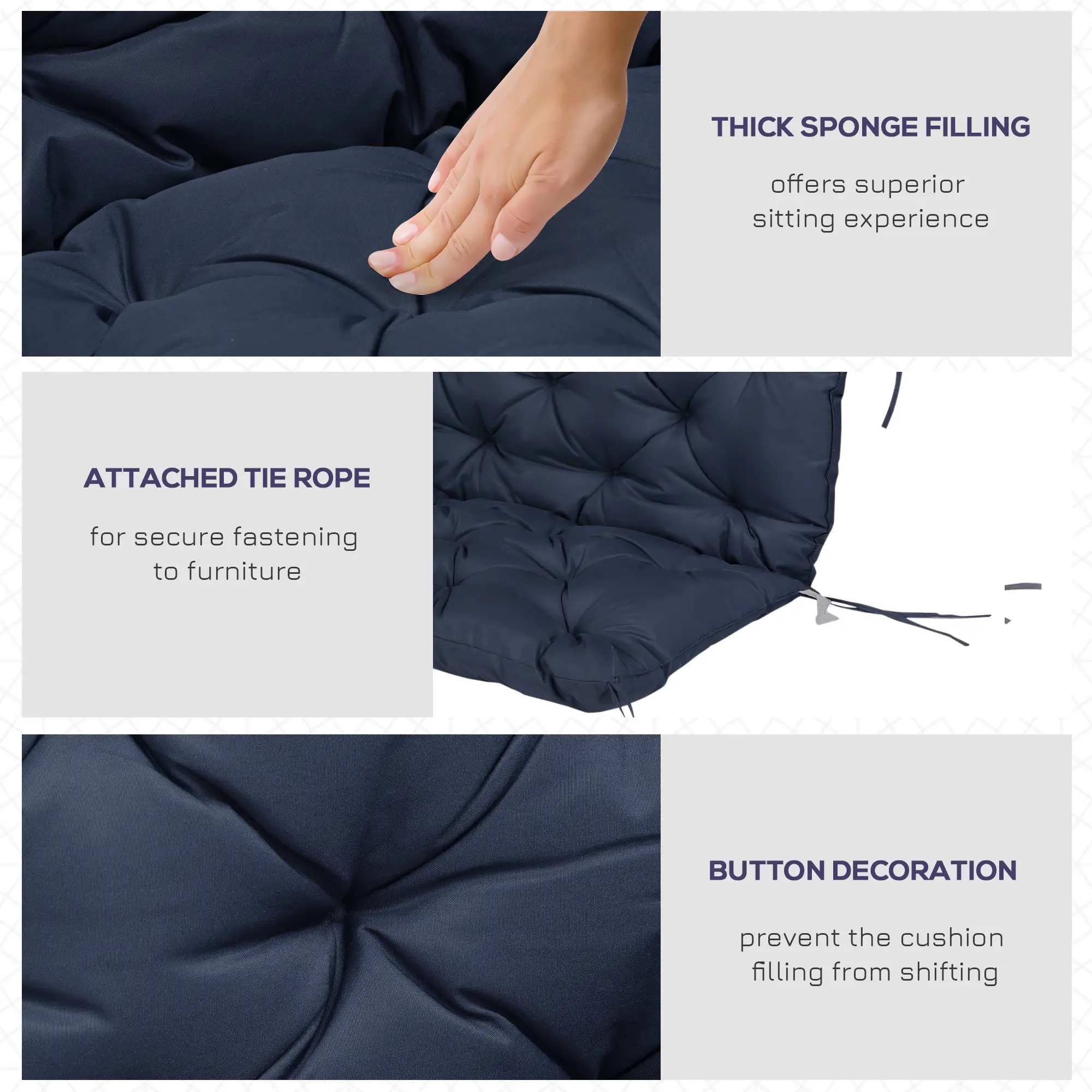 2 Seater Garden Bench Cushion, Thick Outdoor Non-Slip, 52" x 43" x 4", Navy Blue - Image 6