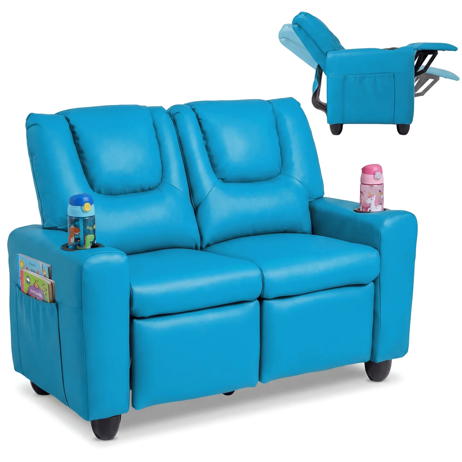 2-Seater Kids Recliner Double Toddler Sofa with 2 Cup Holders, Blue - Image 4
