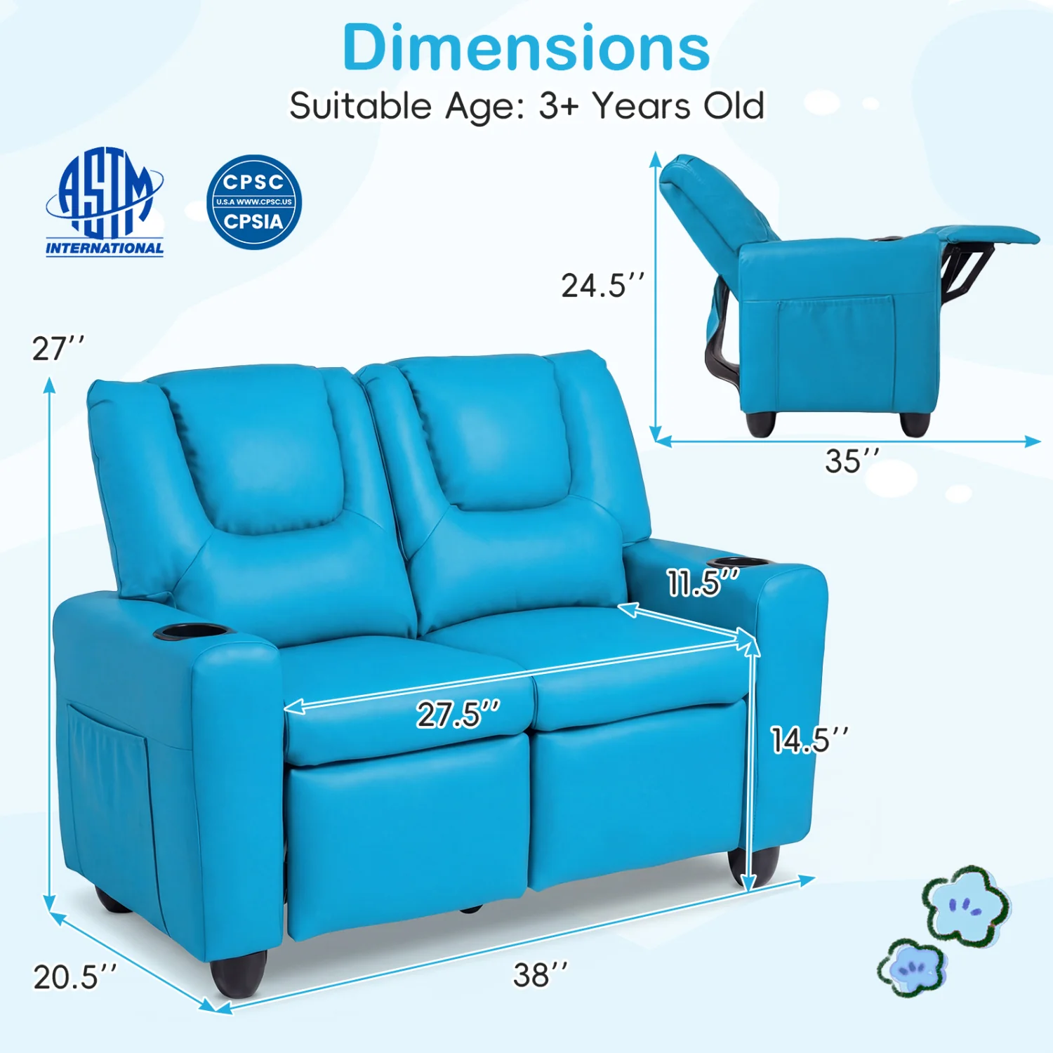 2-Seater Kids Recliner Double Toddler Sofa with 2 Cup Holders, Blue - Image 5