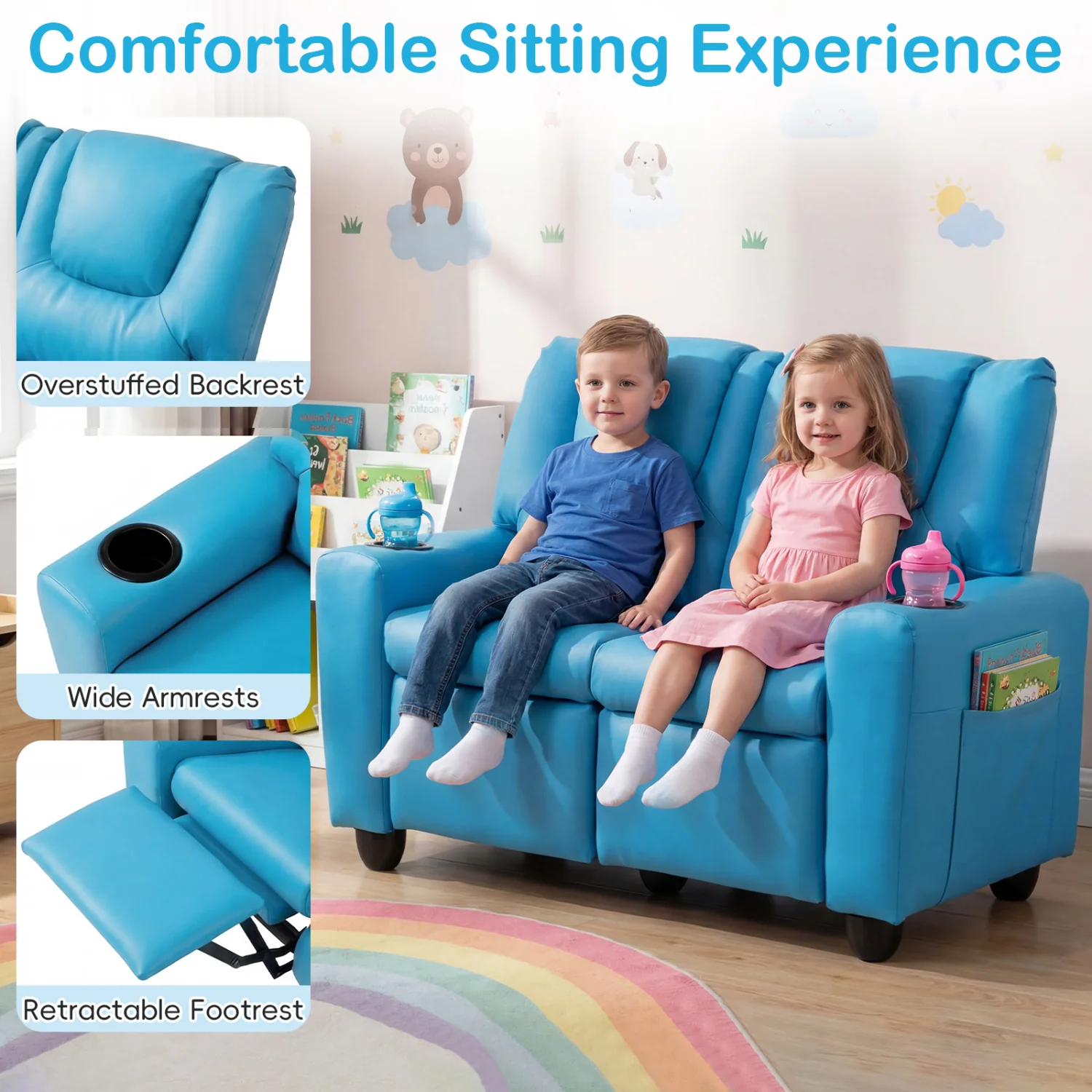 2-Seater Kids Recliner Double Toddler Sofa with 2 Cup Holders, Blue - Image 9
