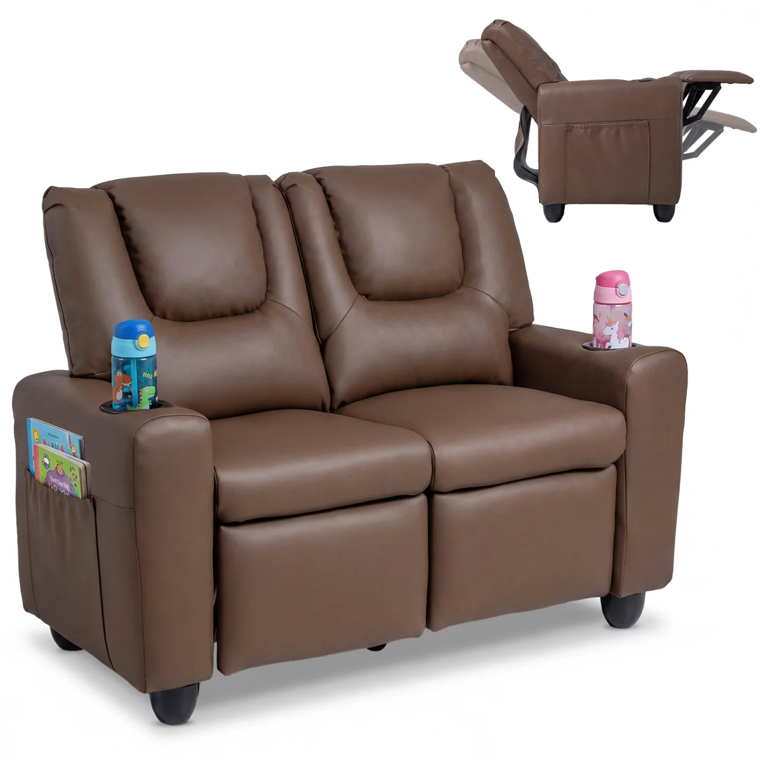 2-Seater Kids Recliner Sofa with Cup Holders, Brown