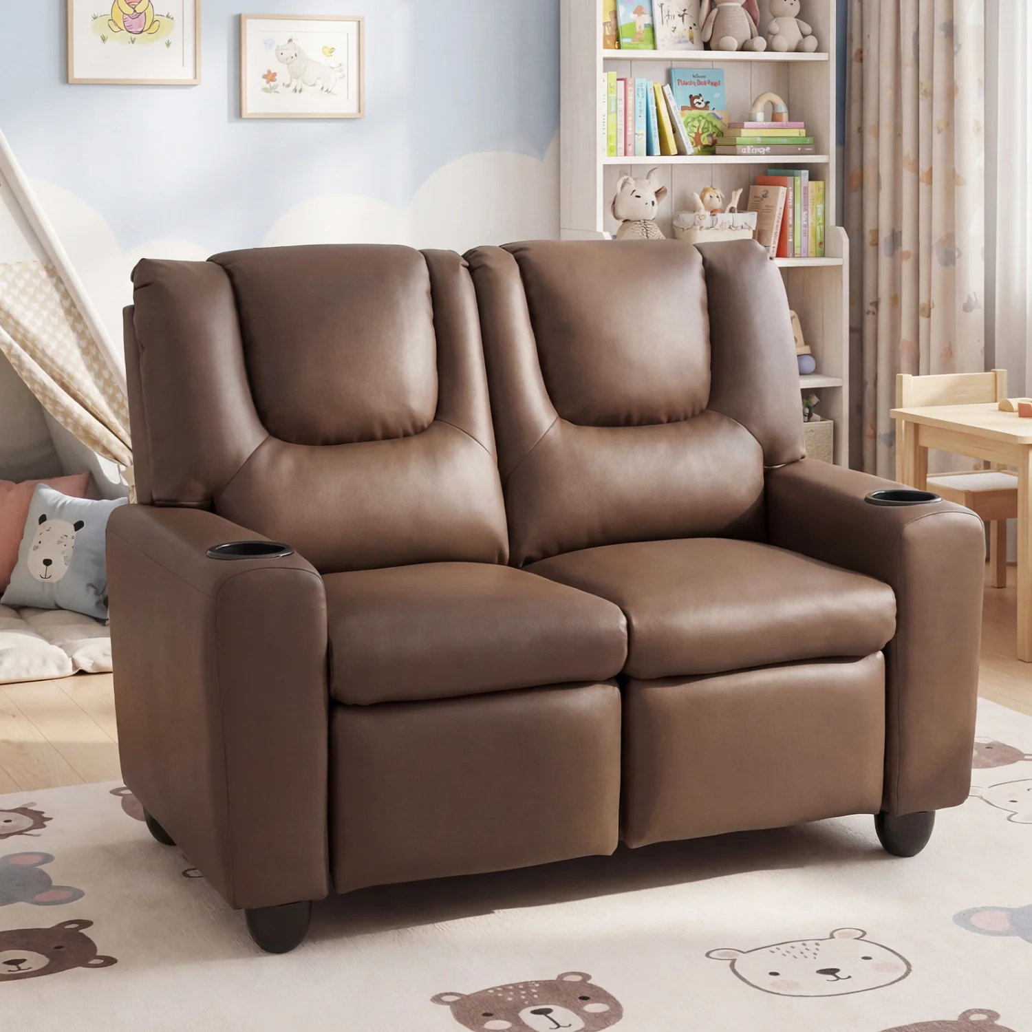 2-Seater Kids Recliner Sofa with Cup Holders, Brown - Image 2