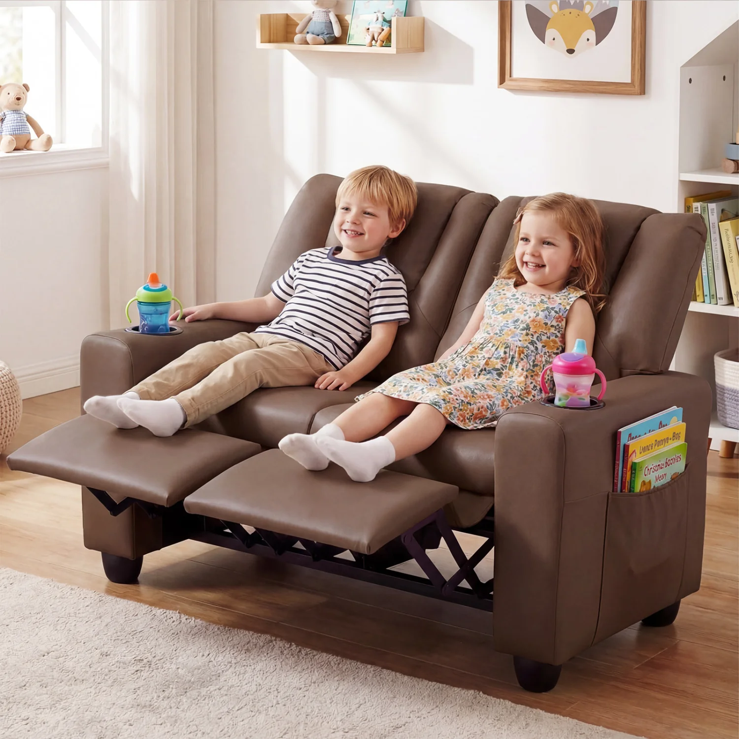 2-Seater Kids Recliner Sofa with Cup Holders, Brown - Image 3