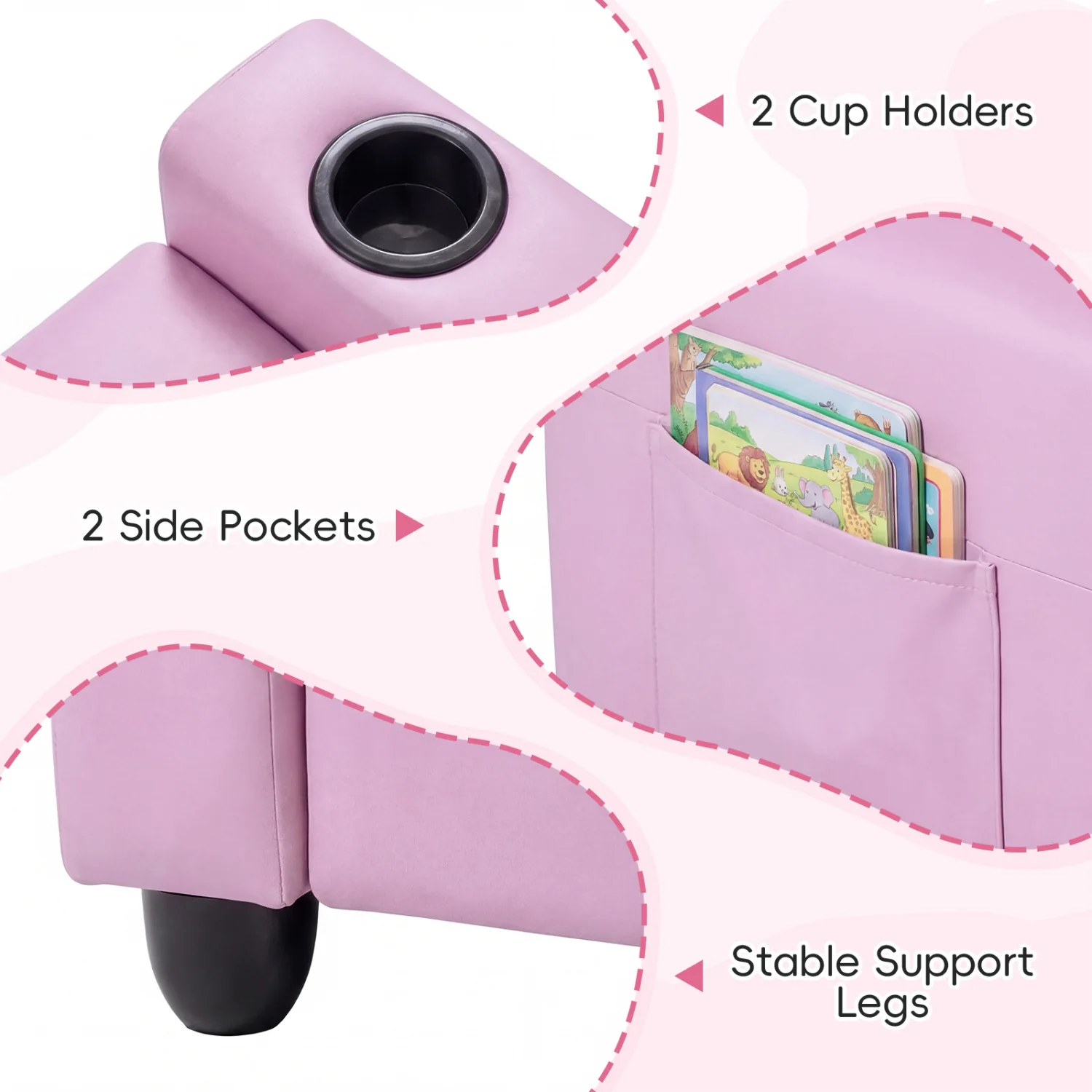 2-Seater Kids Recliner Sofa with Cup Holders, Pink - Image 8