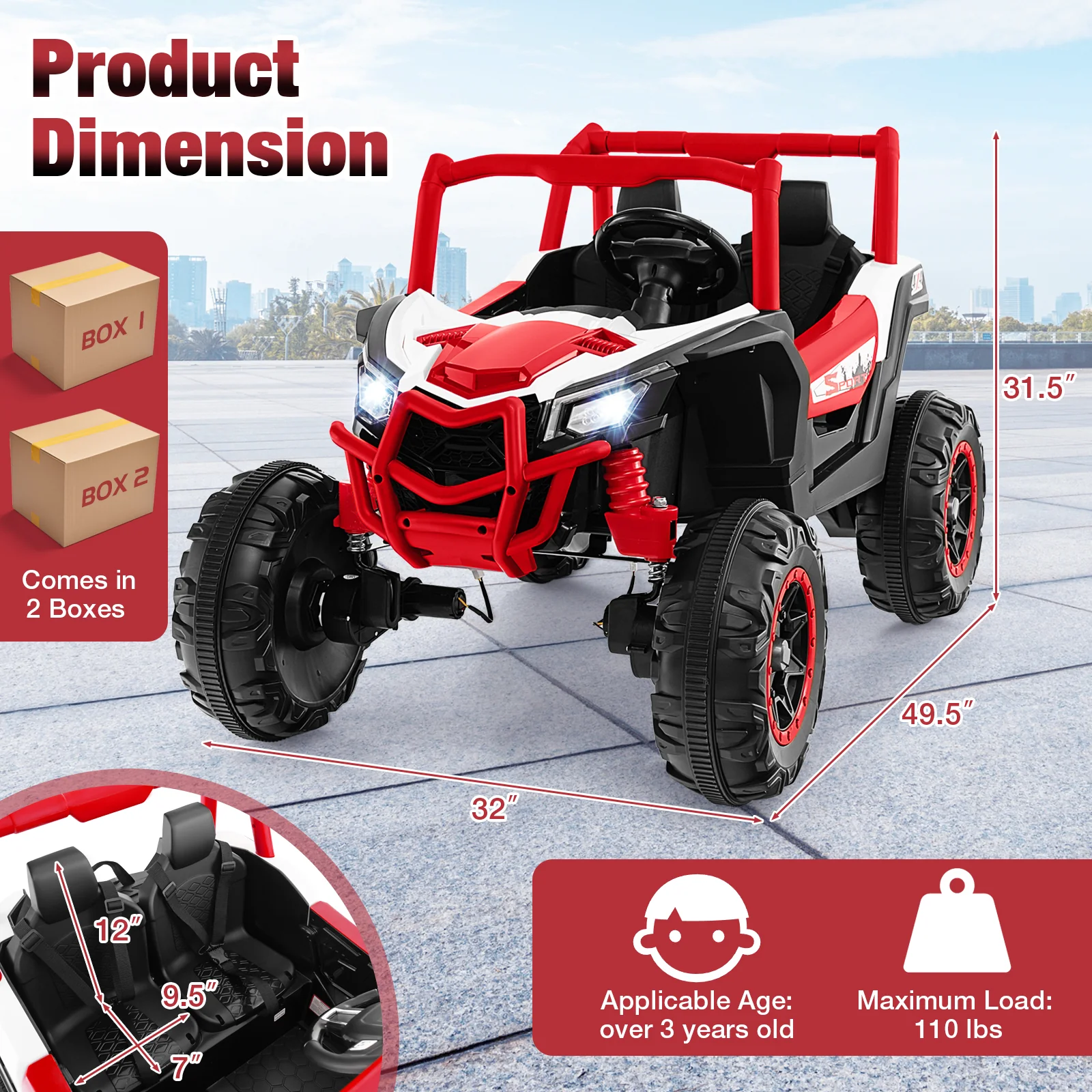 2-Seater Kids Ride On UTV, 2.4G Remote Control, Red - Image 6