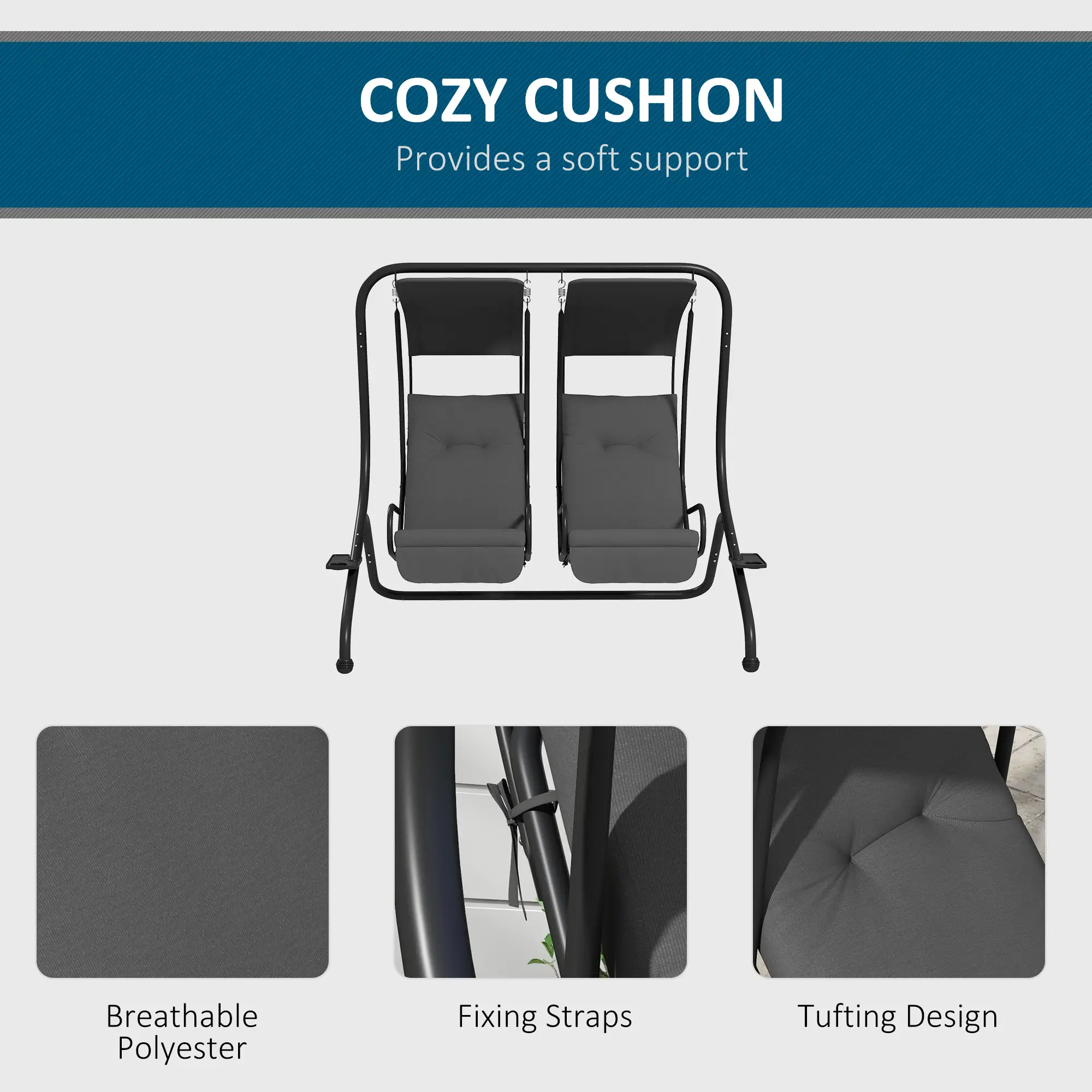2-Seater Outdoor Porch Swing with Canopy, Grey - Image 6